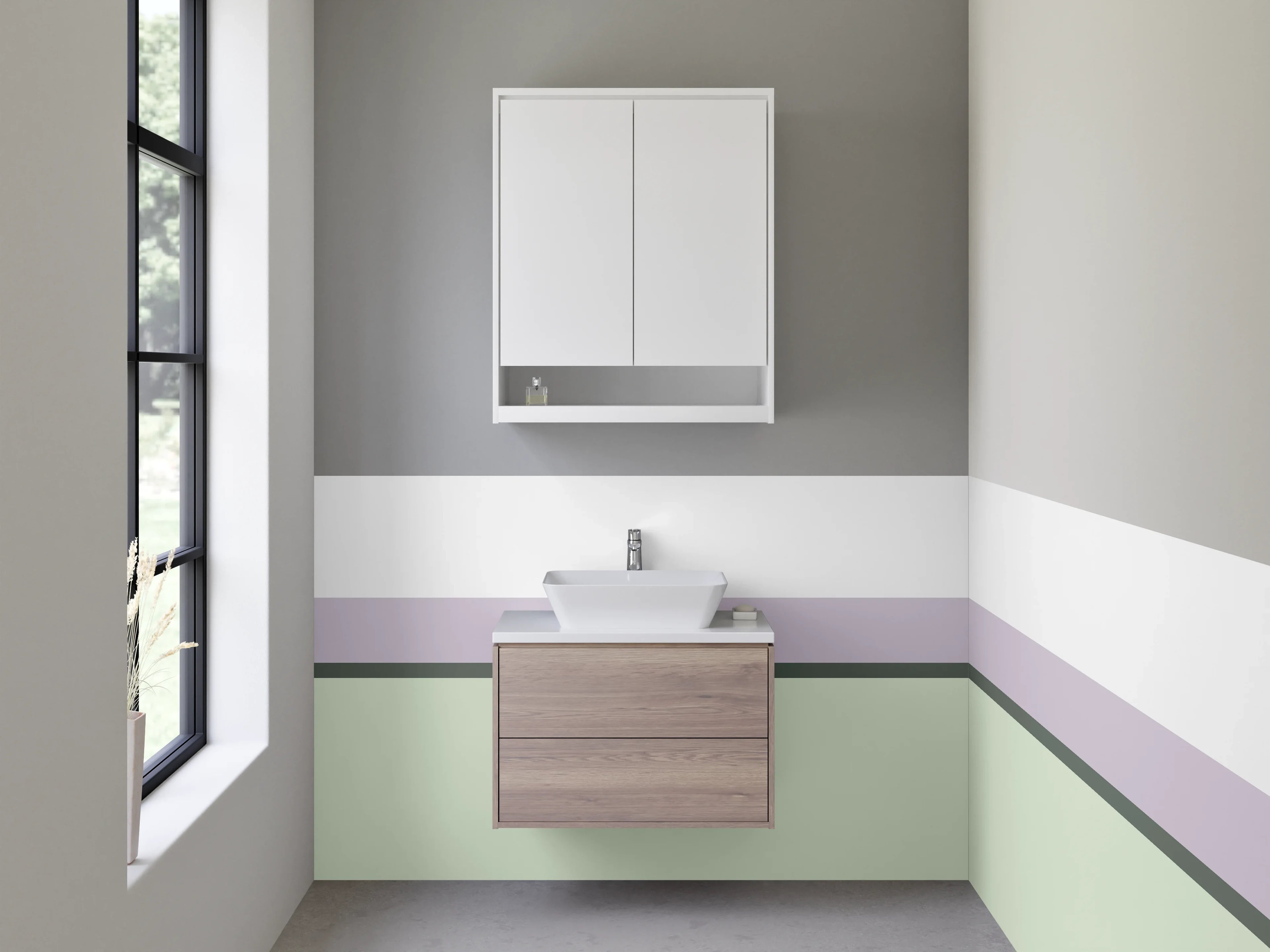 Waschbecken-Rückwand - Sanfte Pastellfarben mit Grau- und Lilatönen