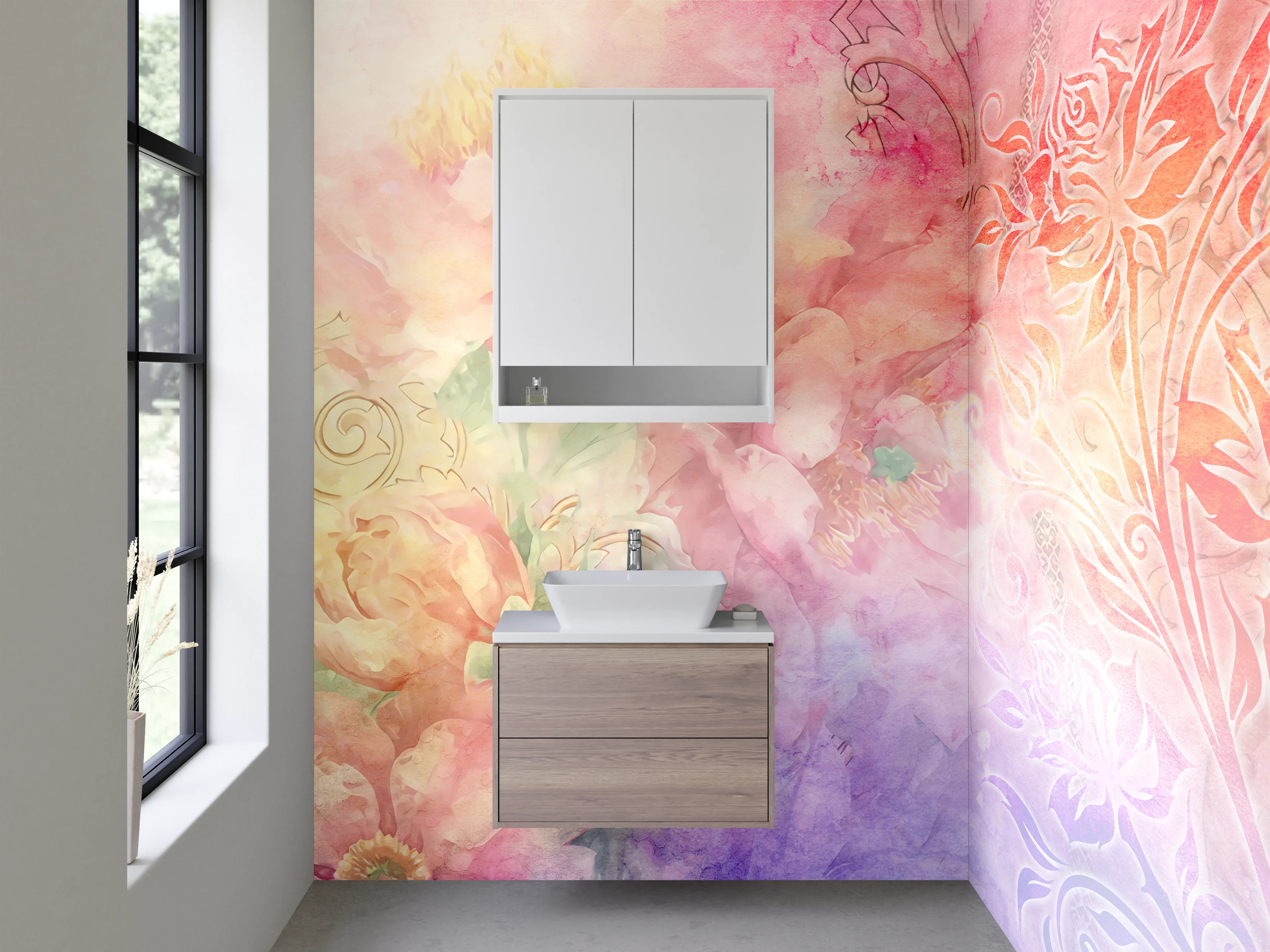 Waschbecken-Rückwand - Sanfte Wasserfarben mit floralen Akzenten und Ornamenten