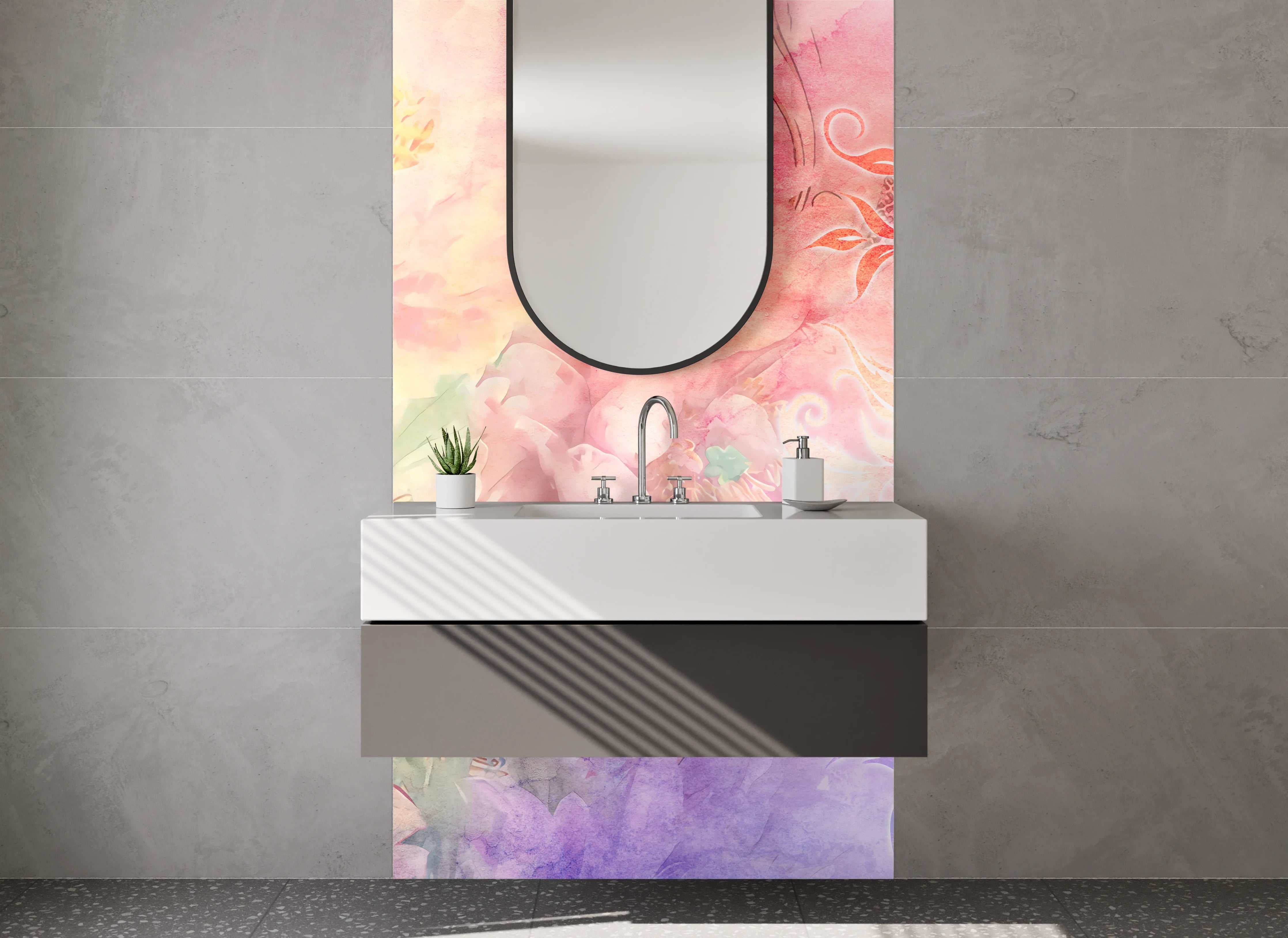 Waschbecken-Rückwand - Sanfte Wasserfarben mit floralen Akzenten und Ornamenten