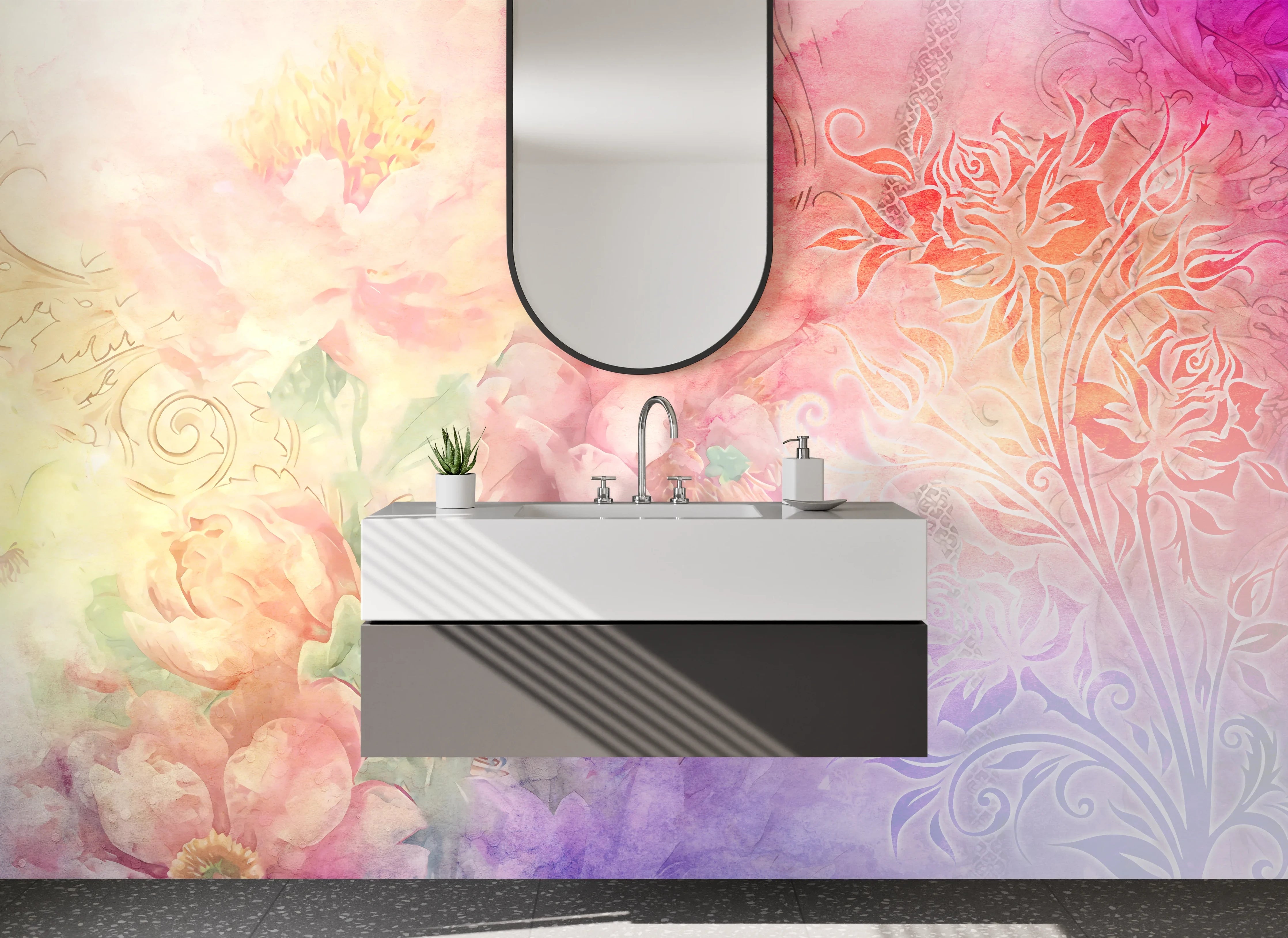 Waschbecken-Rückwand - Sanfte Wasserfarben mit floralen Akzenten und Ornamenten