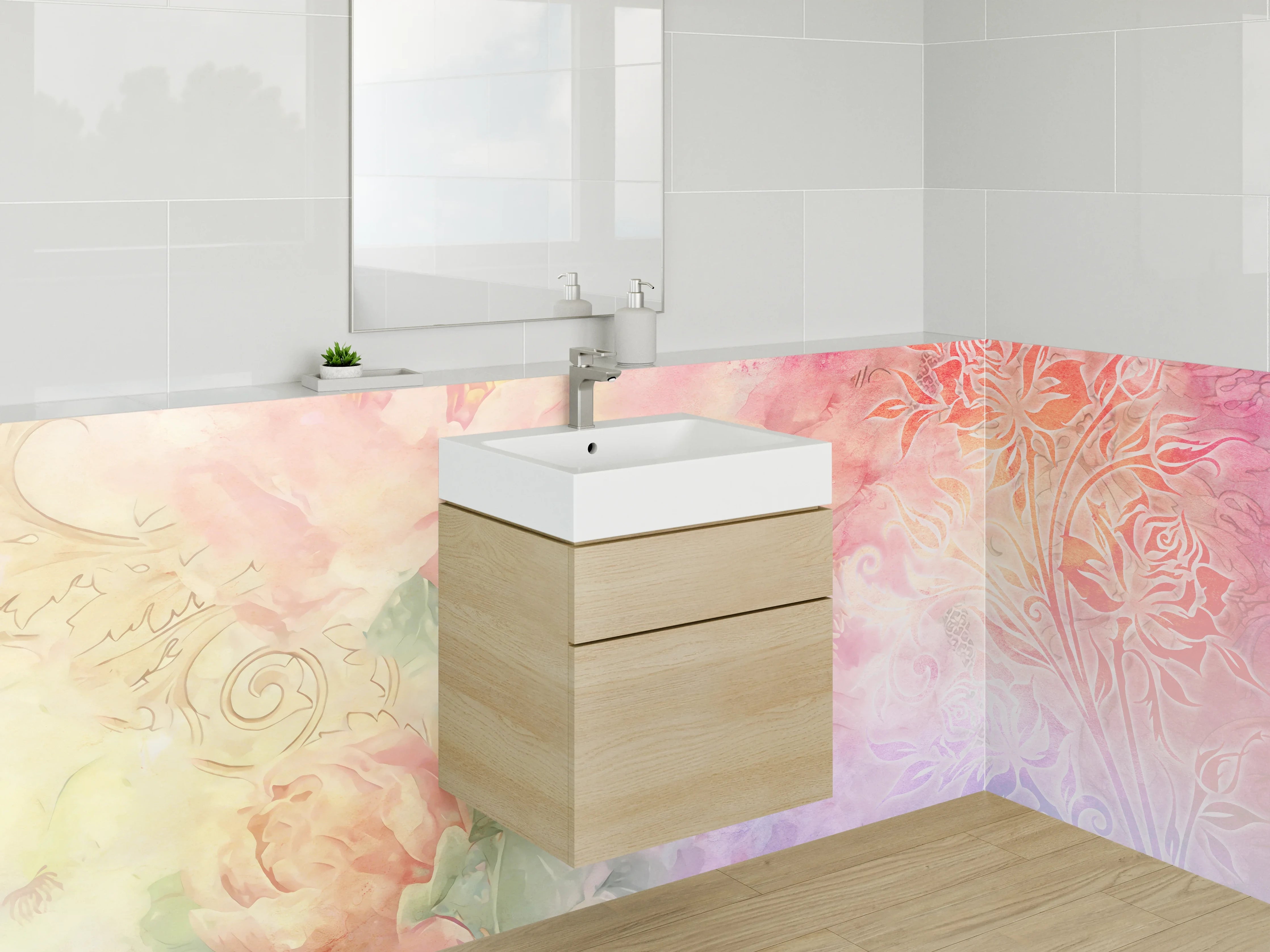 Waschbecken-Rückwand - Sanfte Wasserfarben mit floralen Akzenten und Ornamenten