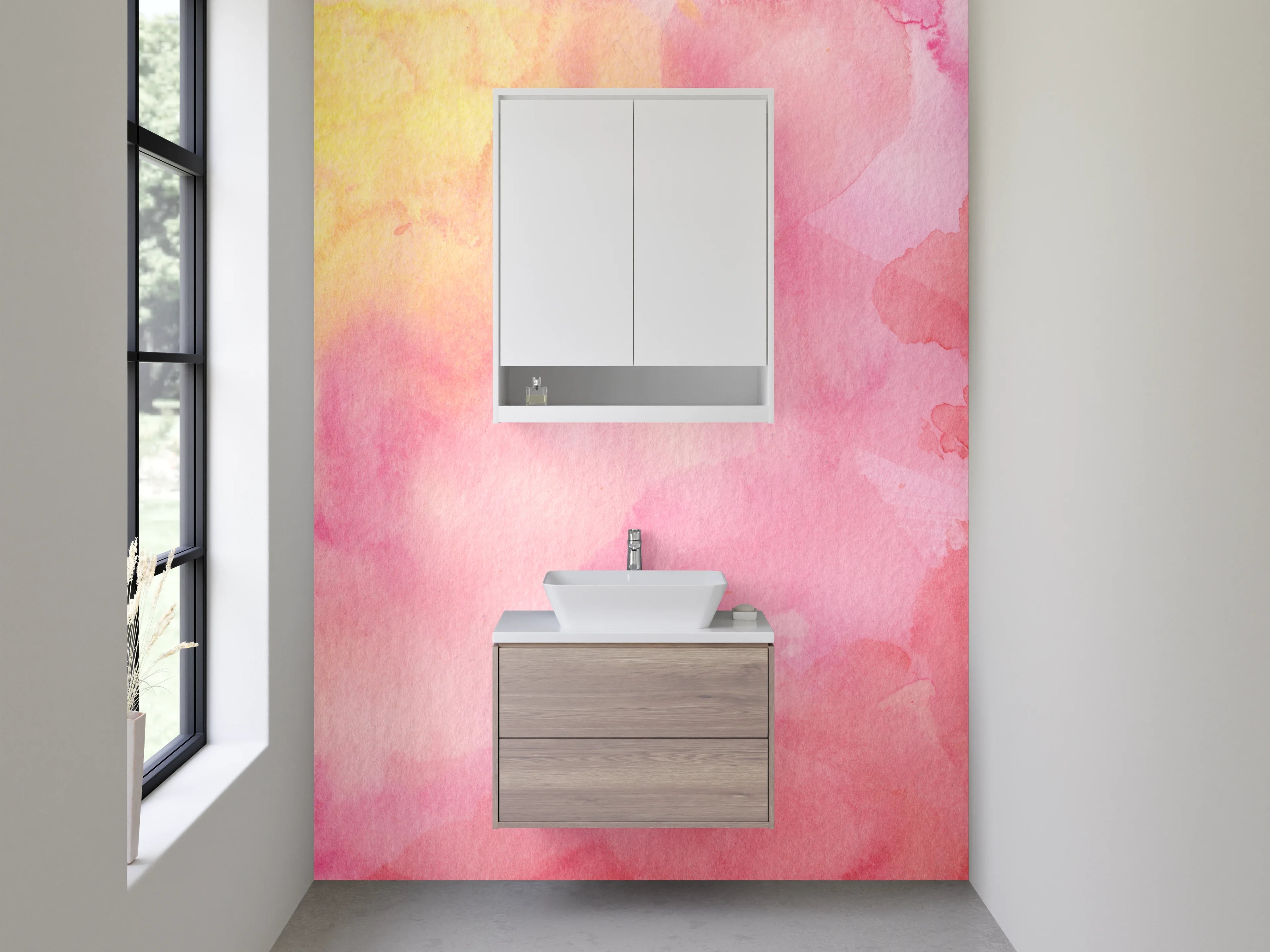 Waschbecken-Rückwand - Sanfte Wasserfarbentöne in Pink und Gelb