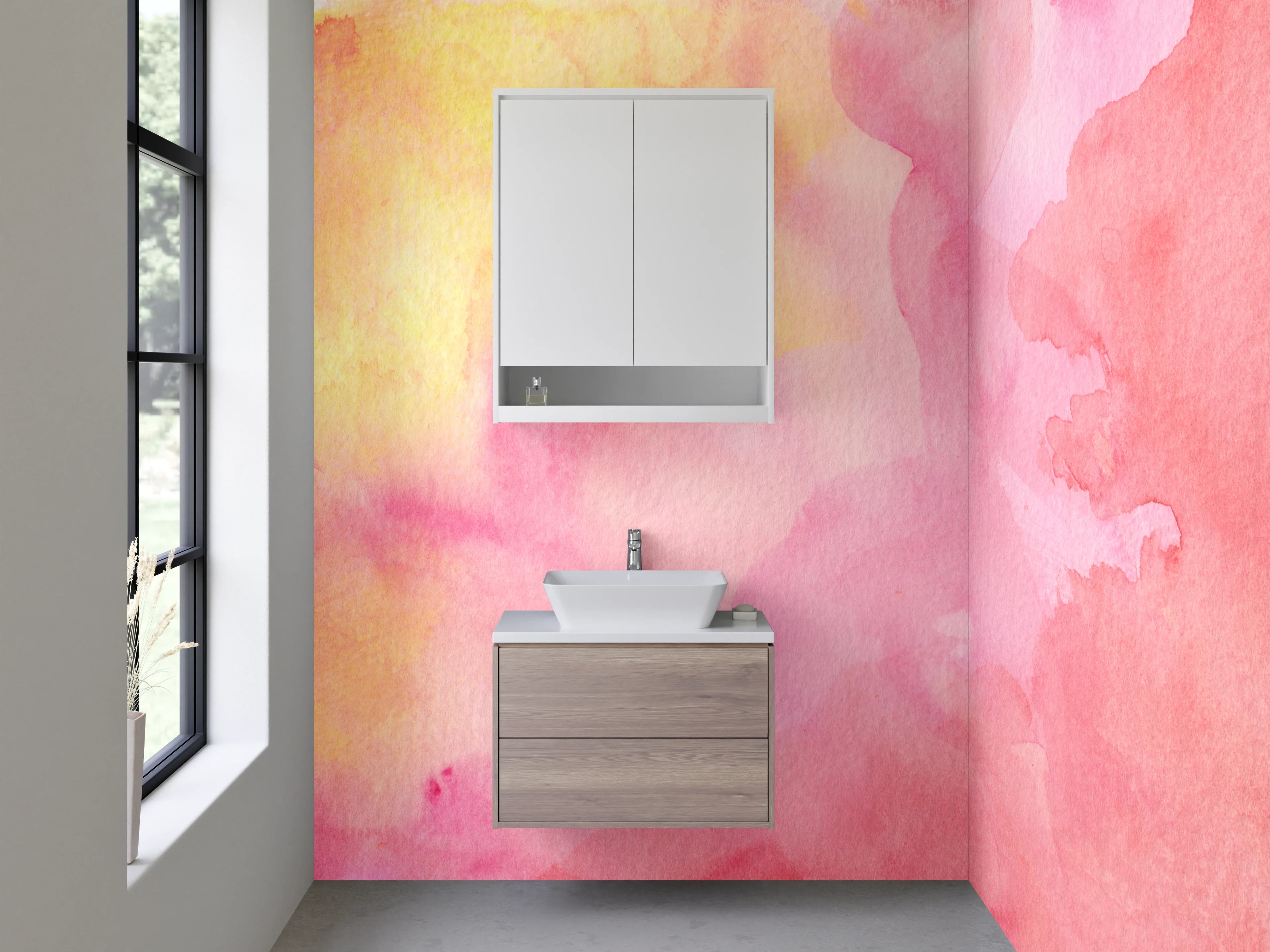 Waschbecken-Rückwand - Sanfte Wasserfarbentöne in Pink und Gelb