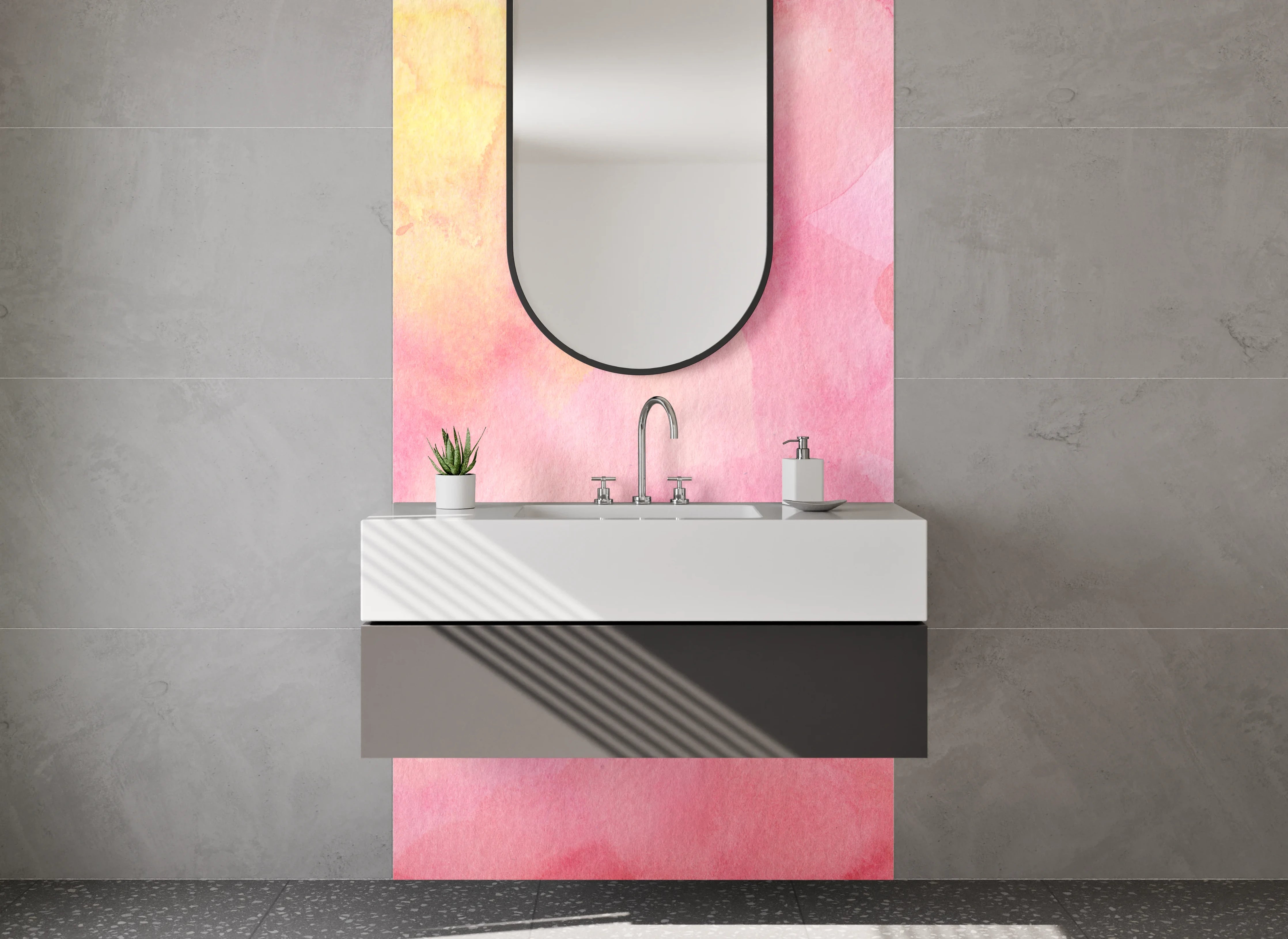 Waschbecken-Rückwand - Sanfte Wasserfarbentöne in Pink und Gelb