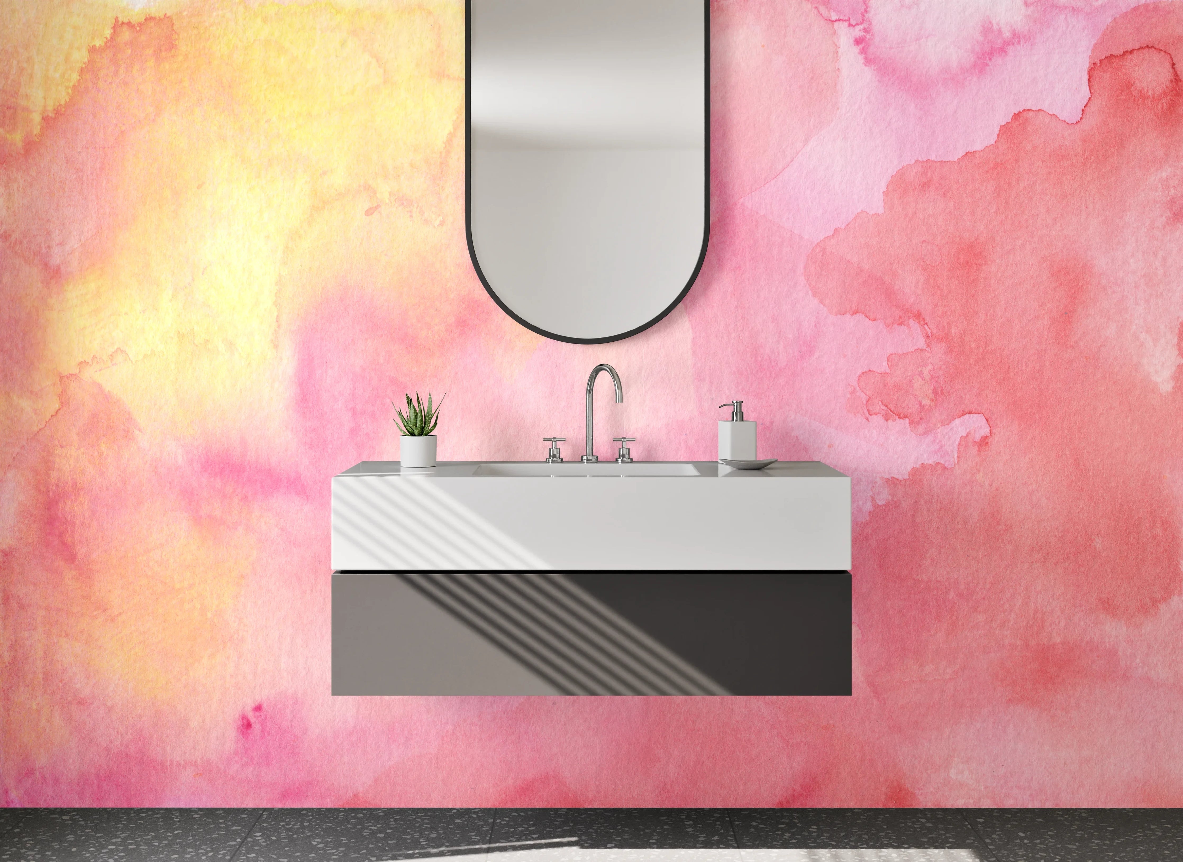 Waschbecken-Rückwand - Sanfte Wasserfarbentöne in Pink und Gelb