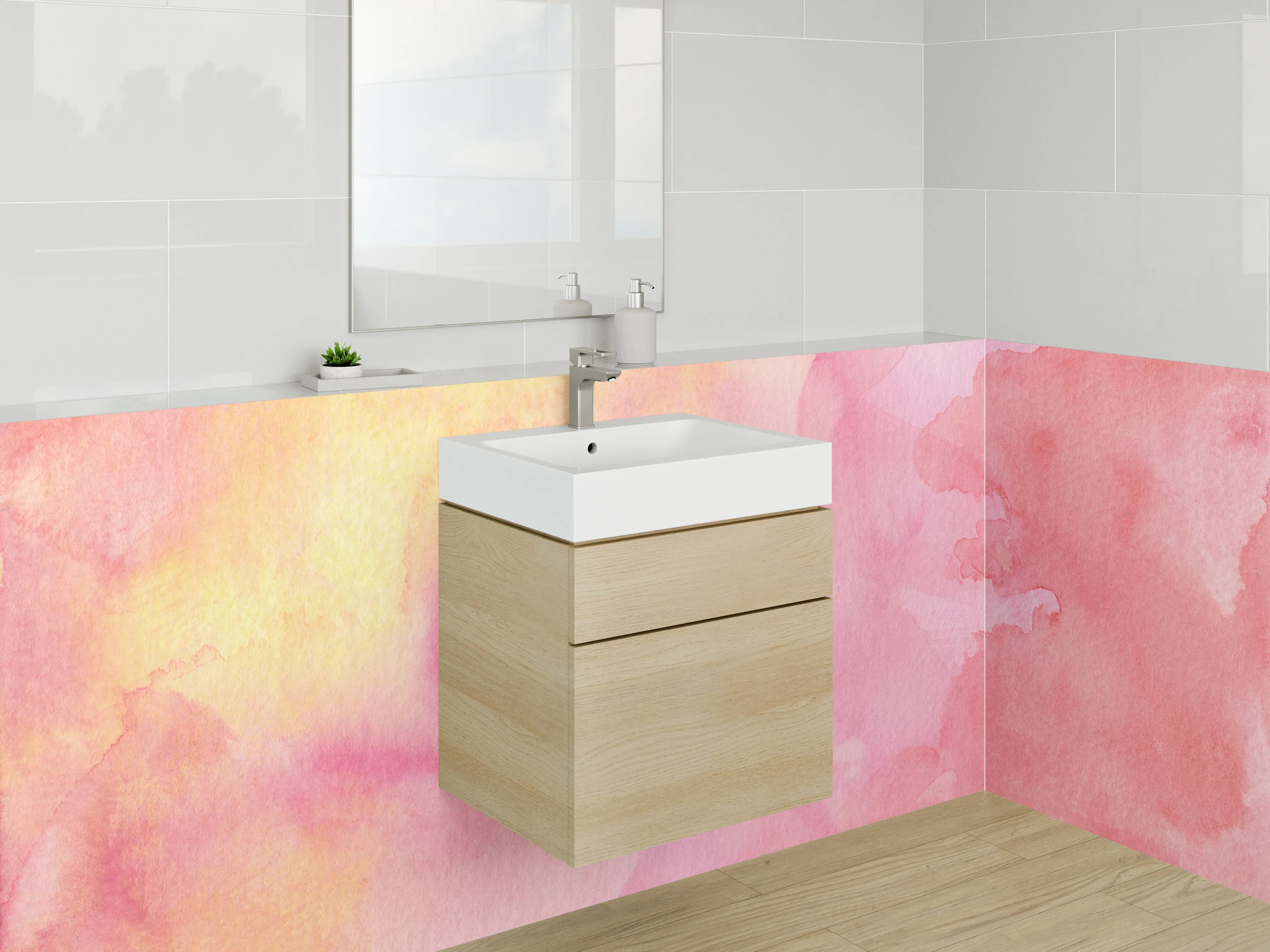 Waschbecken-Rückwand - Sanfte Wasserfarbentöne in Pink und Gelb