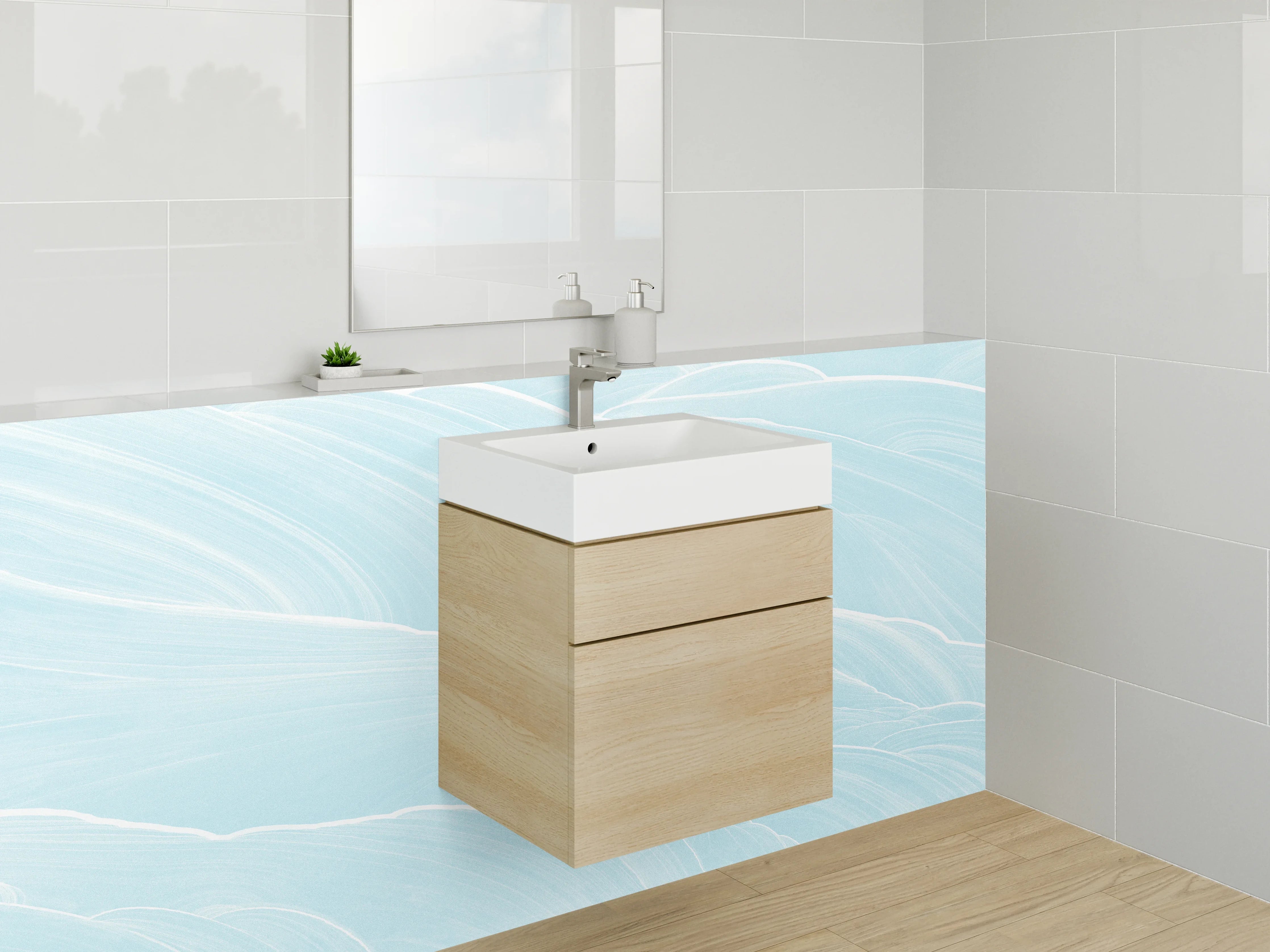Waschbecken-Rückwand - Sanfte Wellen in Eisblau Optik