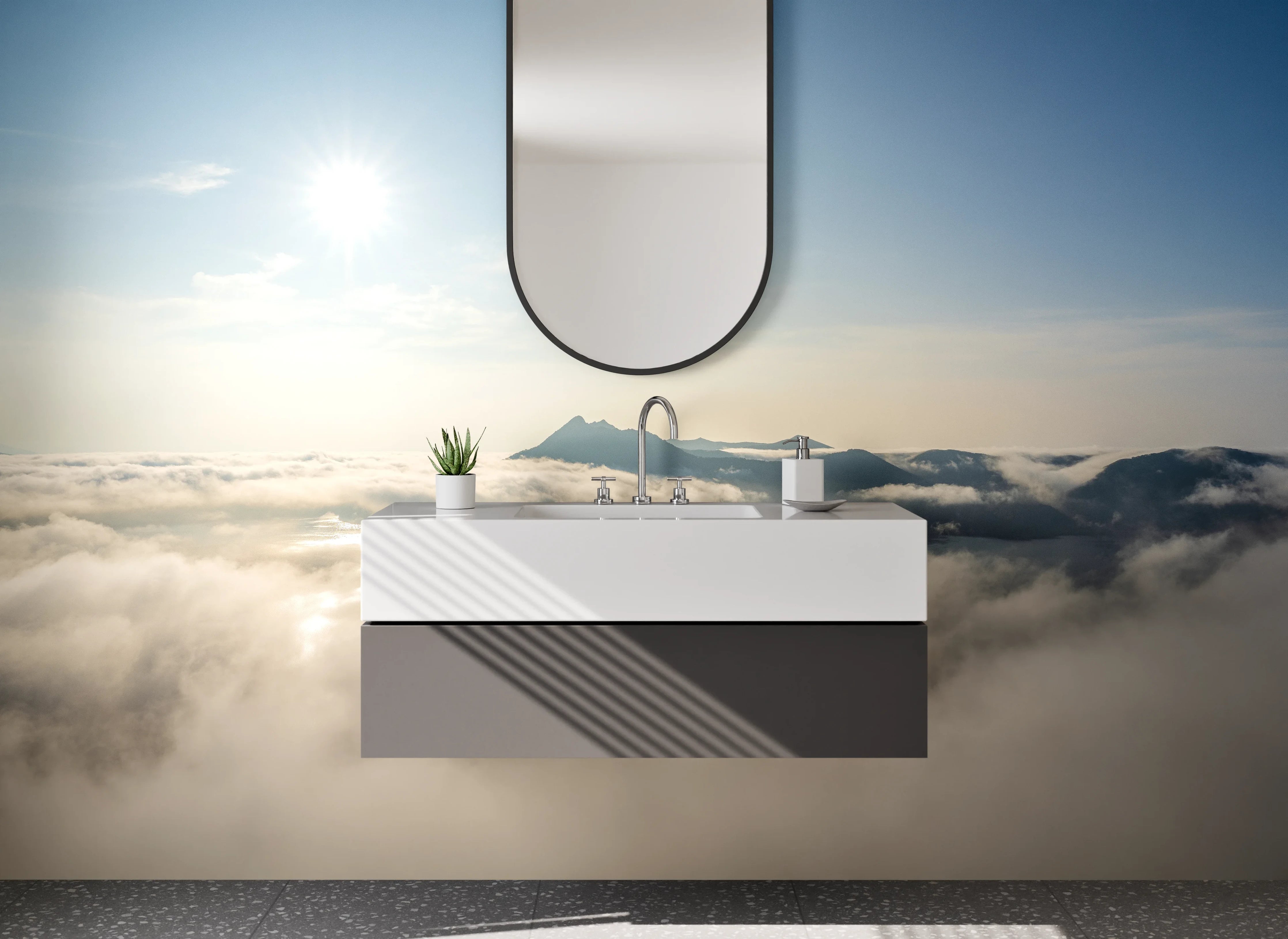 Waschbecken-Rückwand - Sanfte Wolkendecke über Berglandschaft
