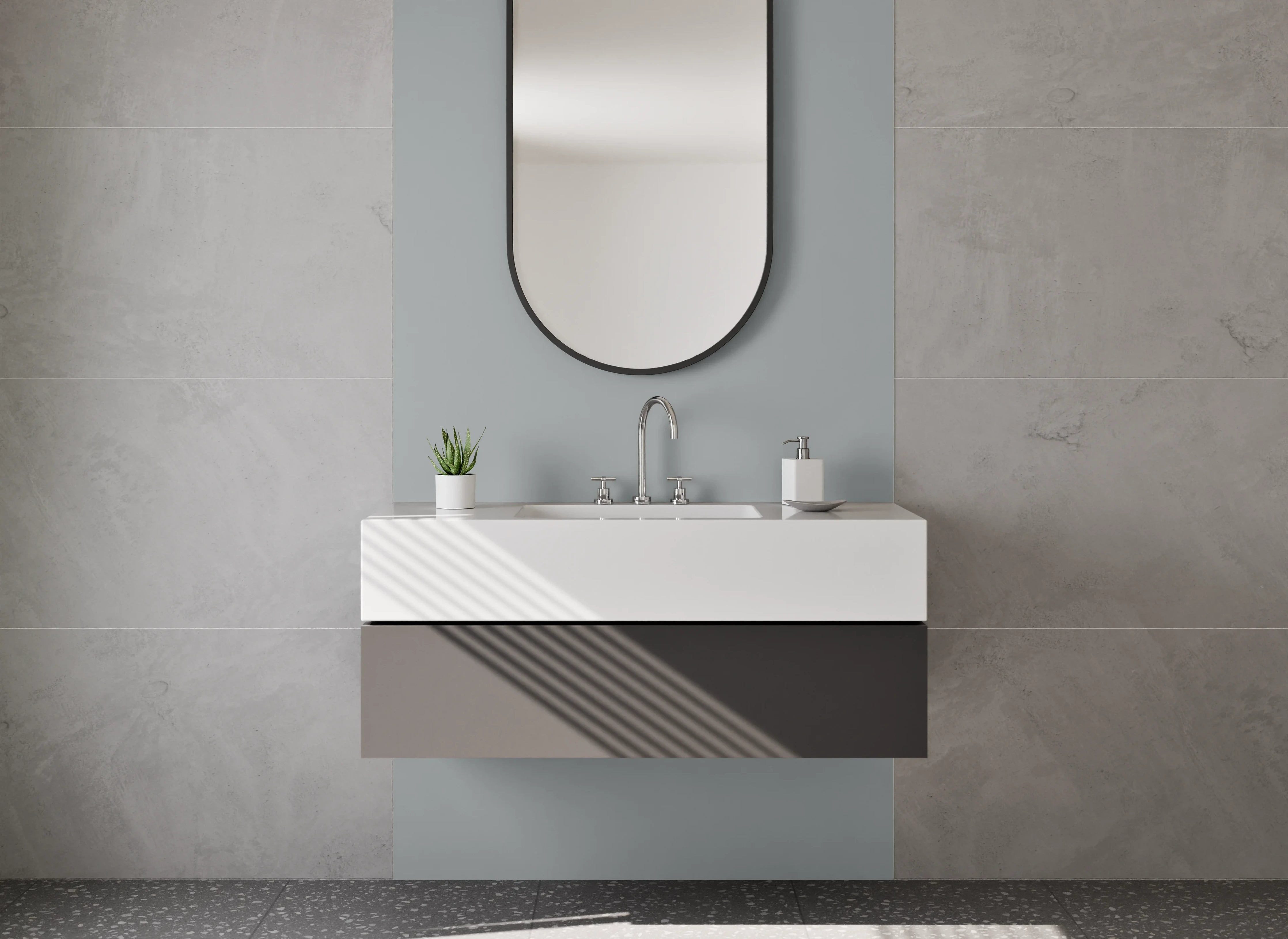 Waschbecken-Rückwand - Sanftgrau auf Weiß – Lichtschimmer