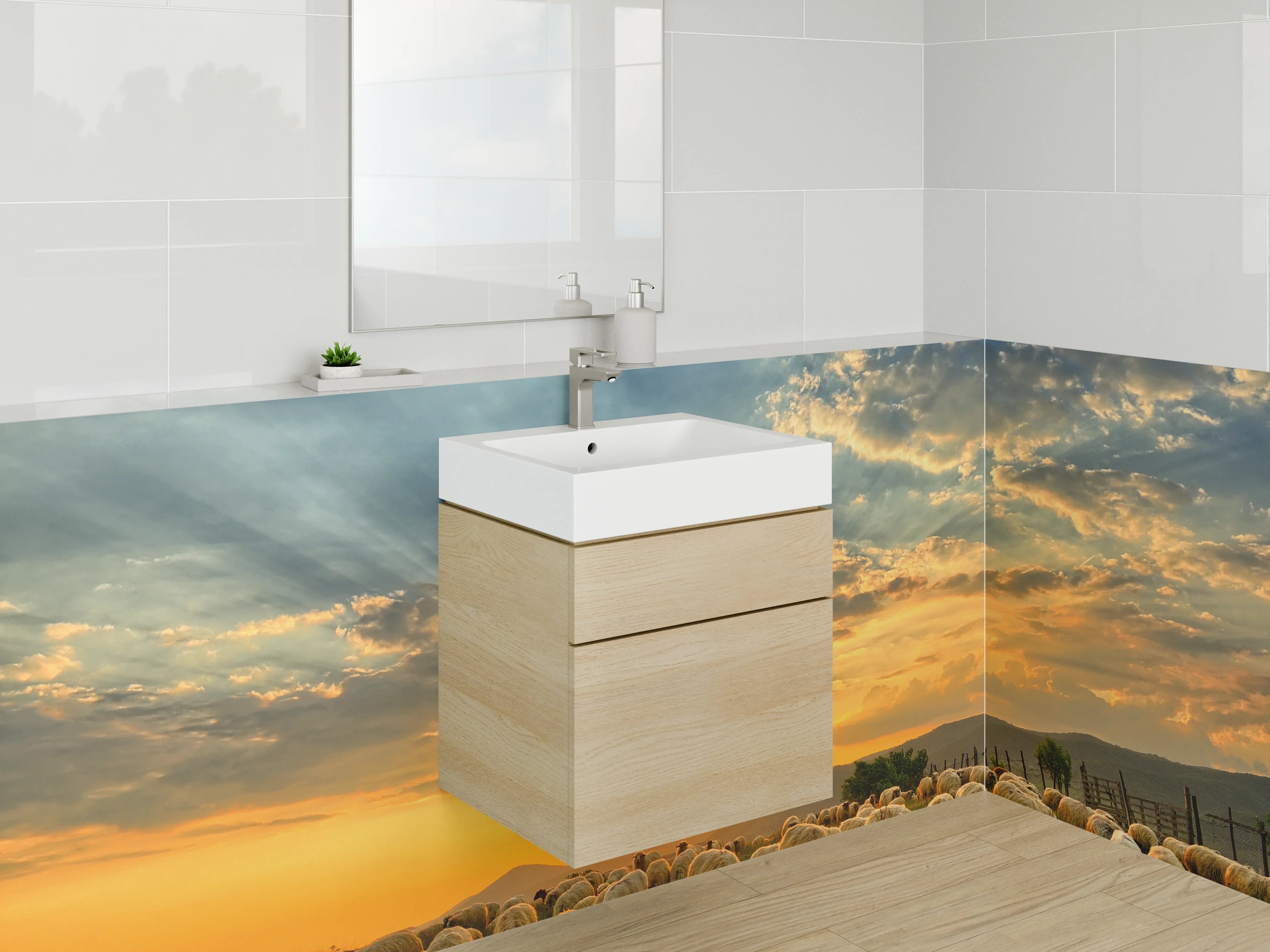 Waschbecken-Rückwand - Schafherde bei Sonnenuntergang Naturidyll