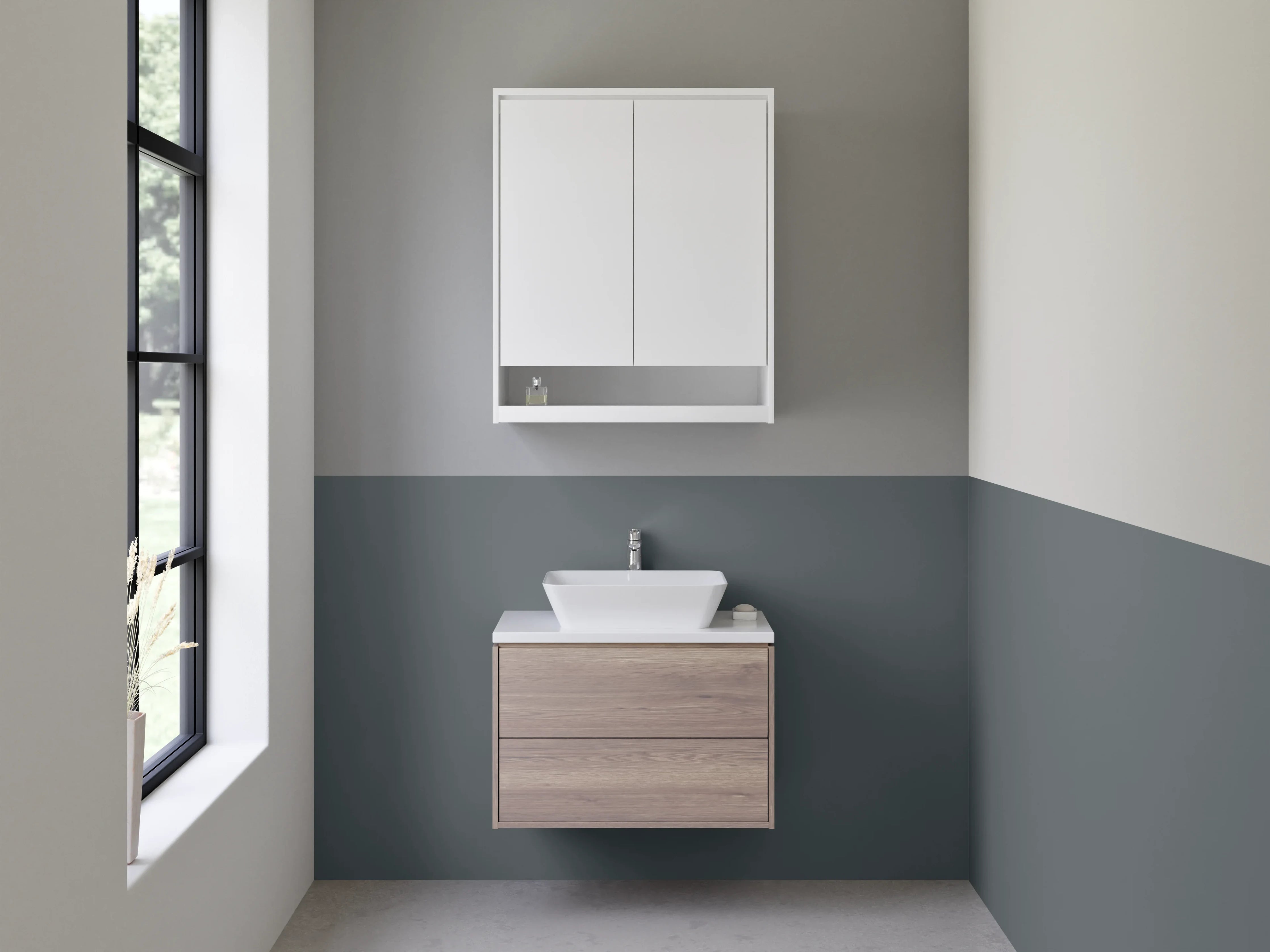 Waschbecken-Rückwand - Schiefergrau auf Weißstrukturen