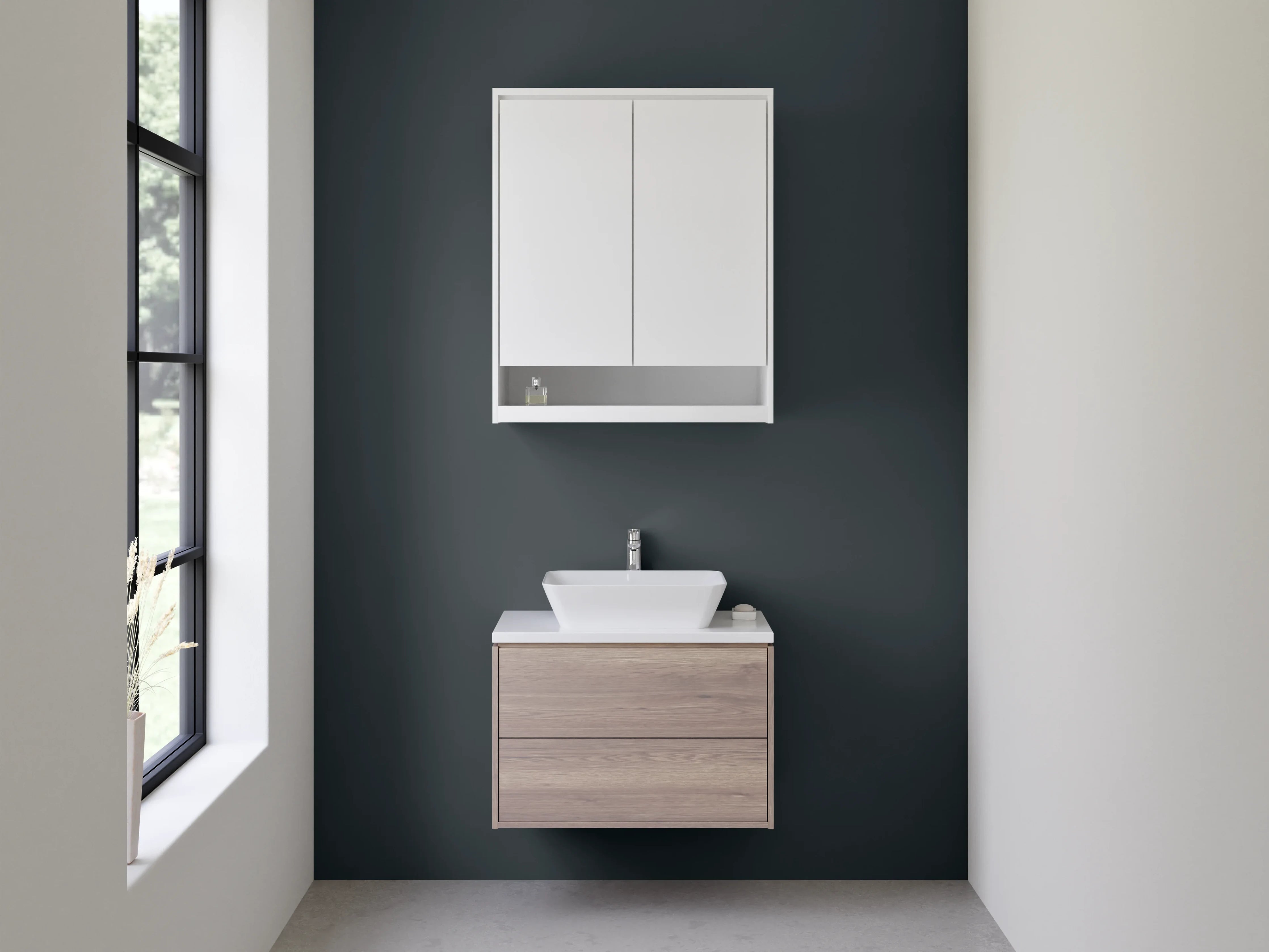 Waschbecken-Rückwand - Schiefergrauer Hauch auf weißen Formen