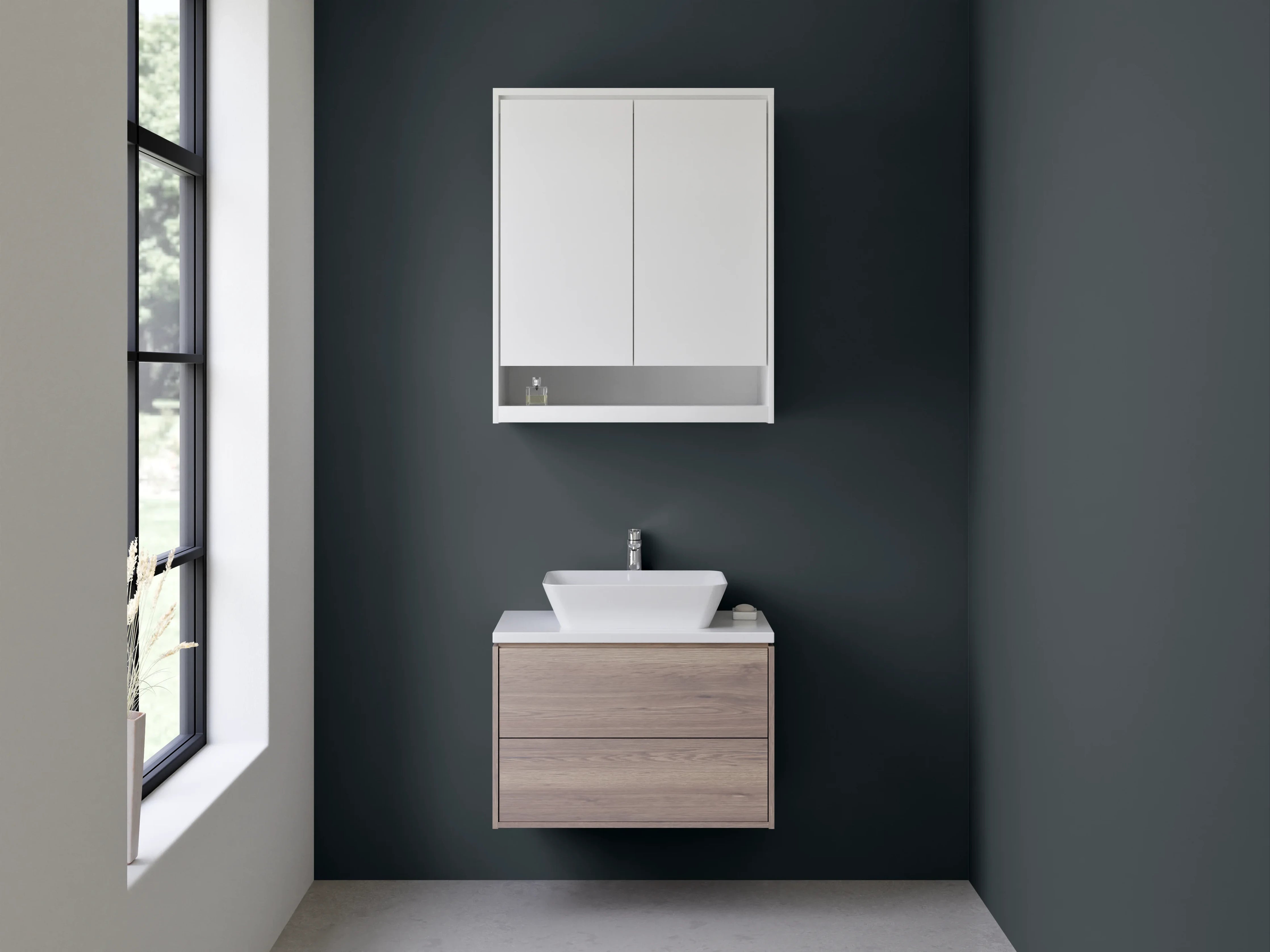 Waschbecken-Rückwand - Schiefergrauer Hauch auf weißen Formen