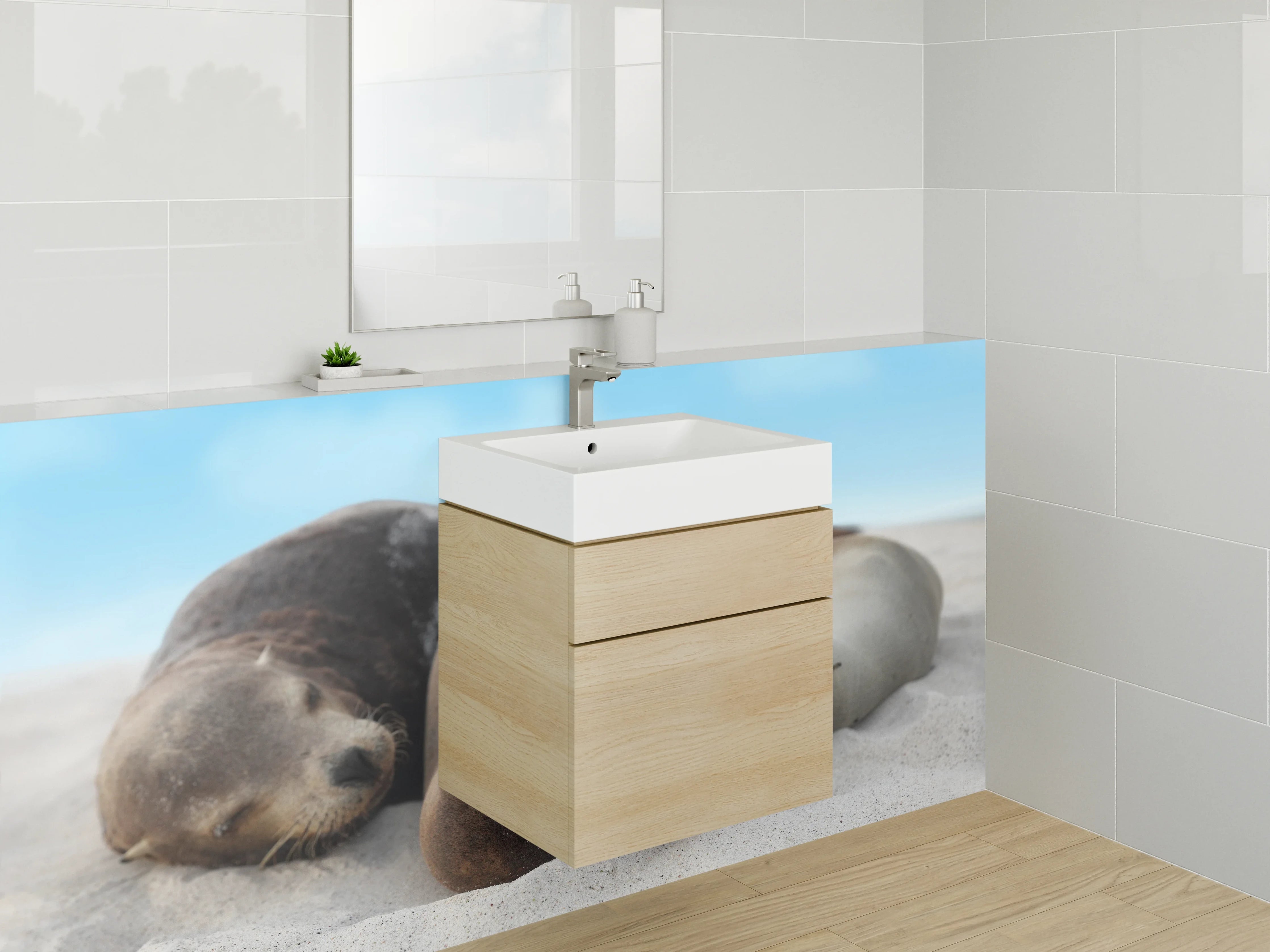 Waschbecken-Rückwand - Schlafende Seelöwen am Sandstrand