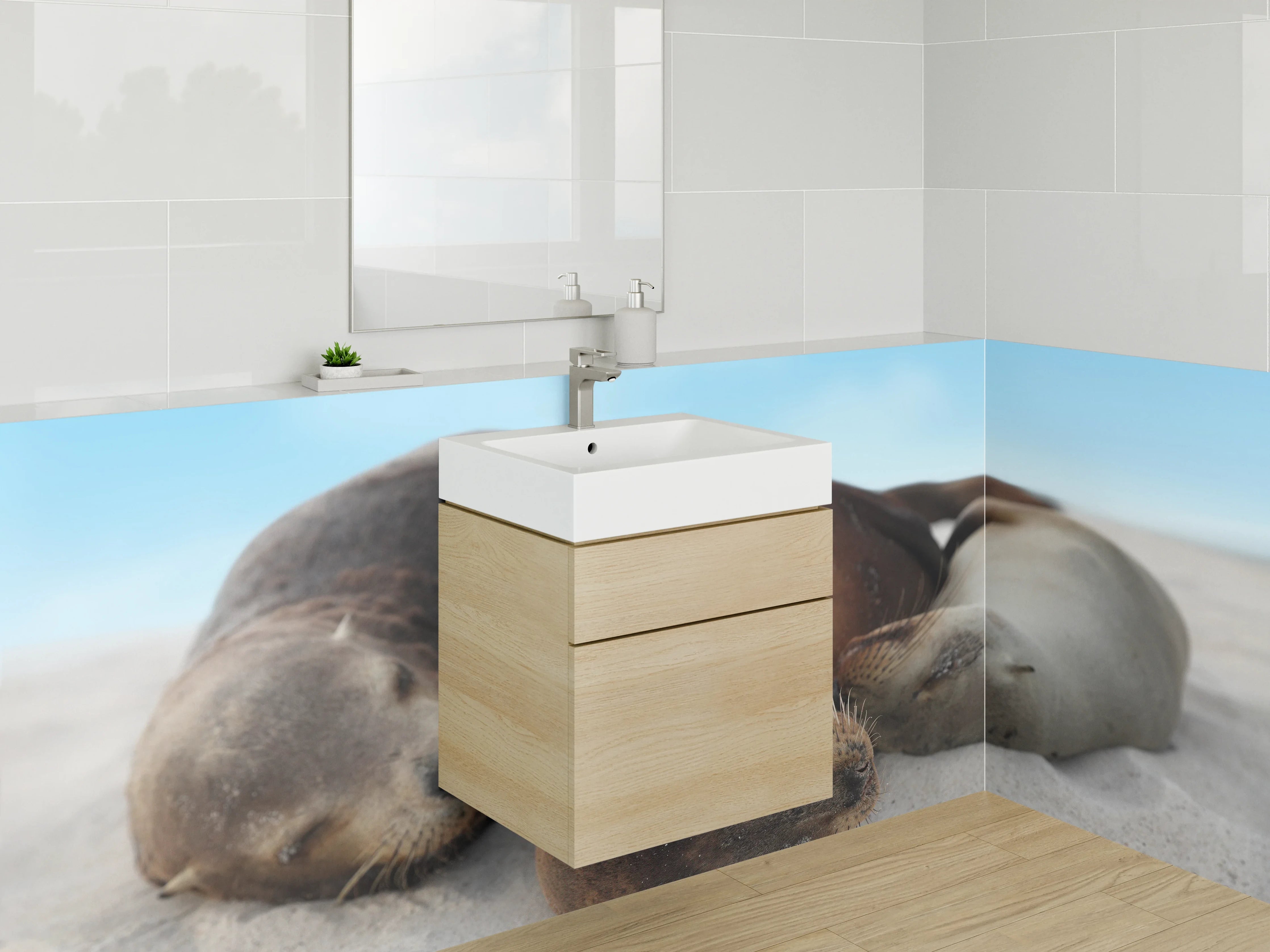 Waschbecken-Rückwand - Schlafende Seelöwen am Sandstrand