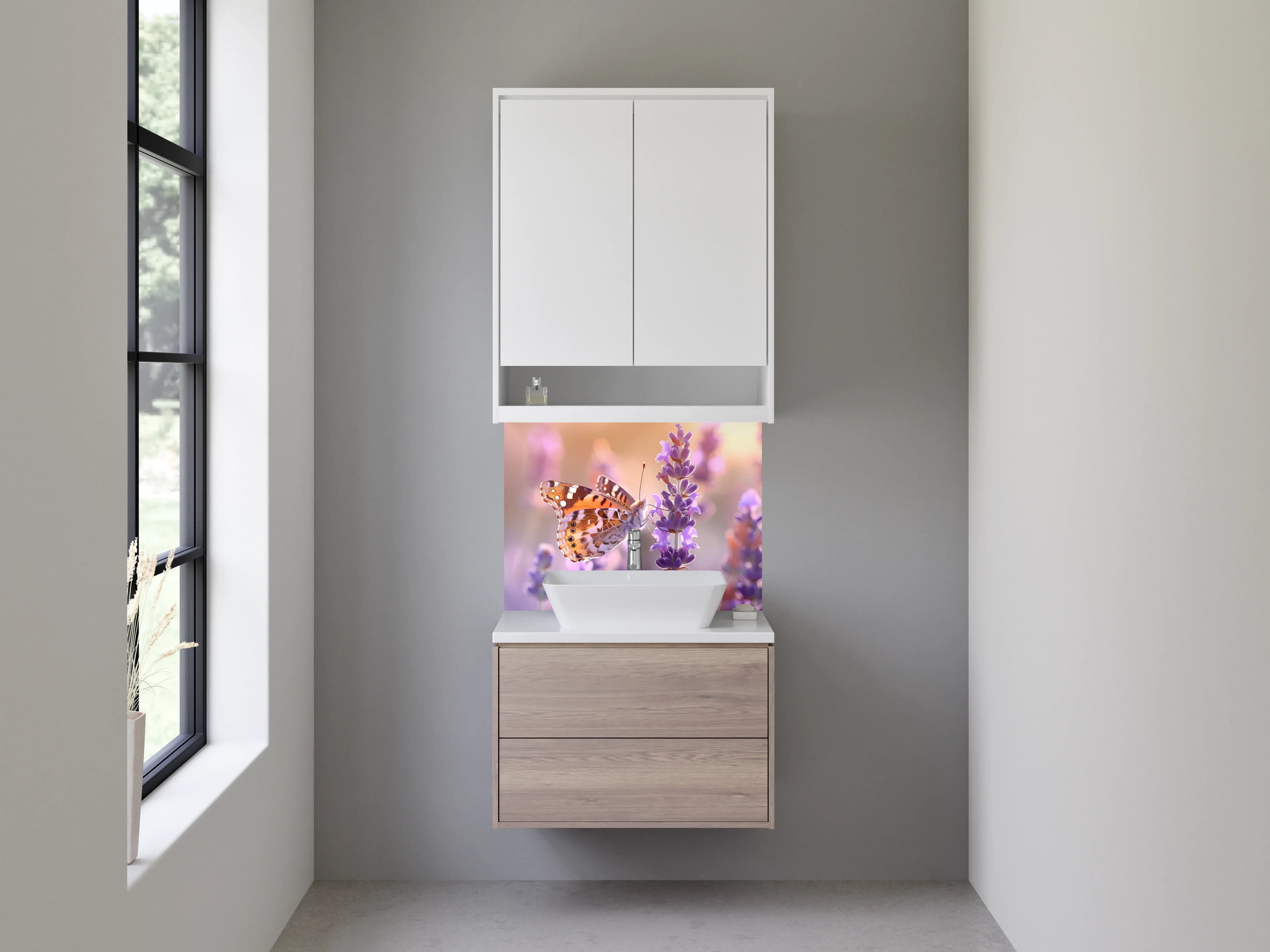 Waschbecken-Rückwand - Schmetterling auf Lavendel – Naturidylle