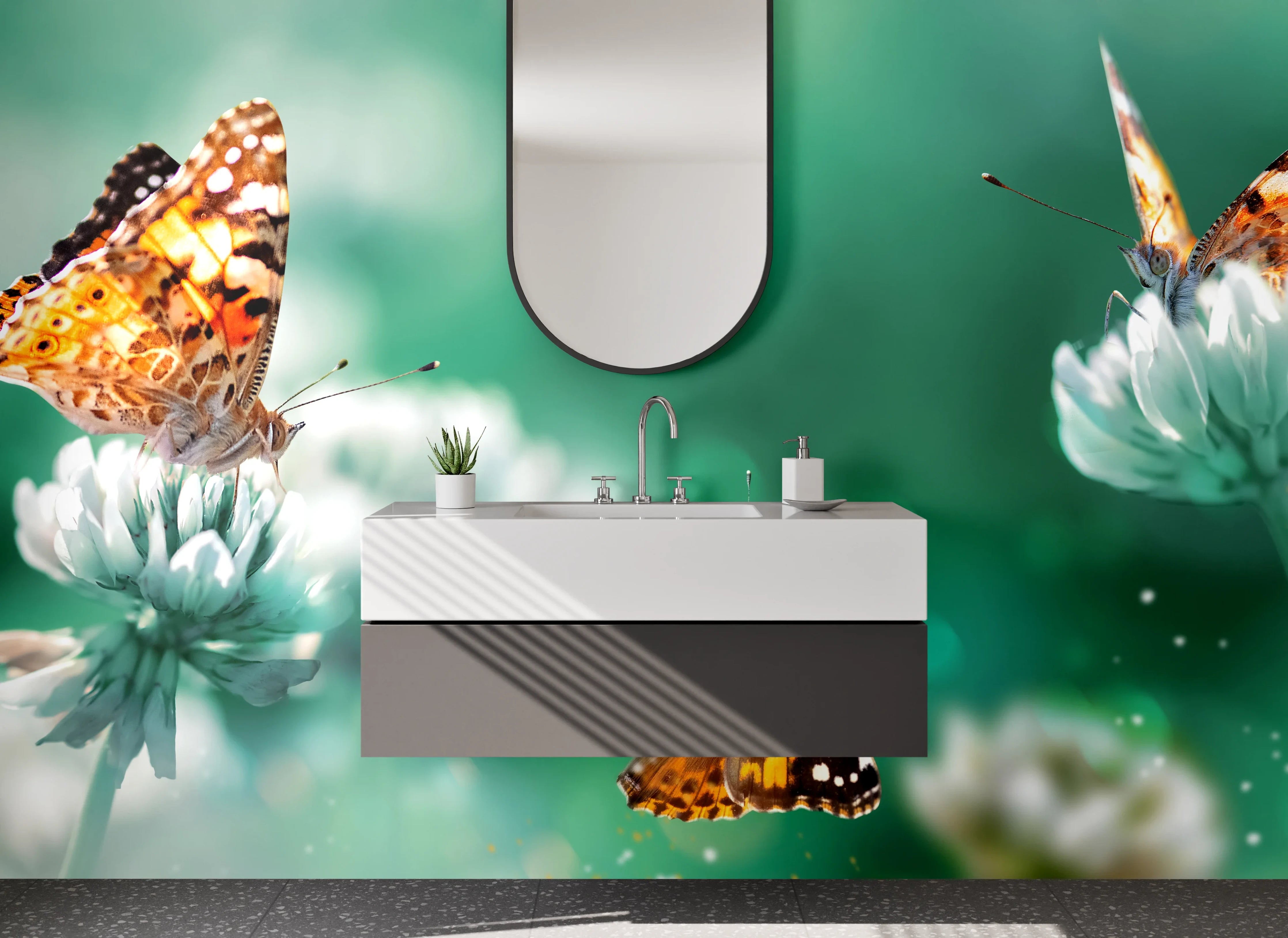 Waschbecken-Rückwand - Schmetterlinge auf Kleeblüten – Frühlingsdekor