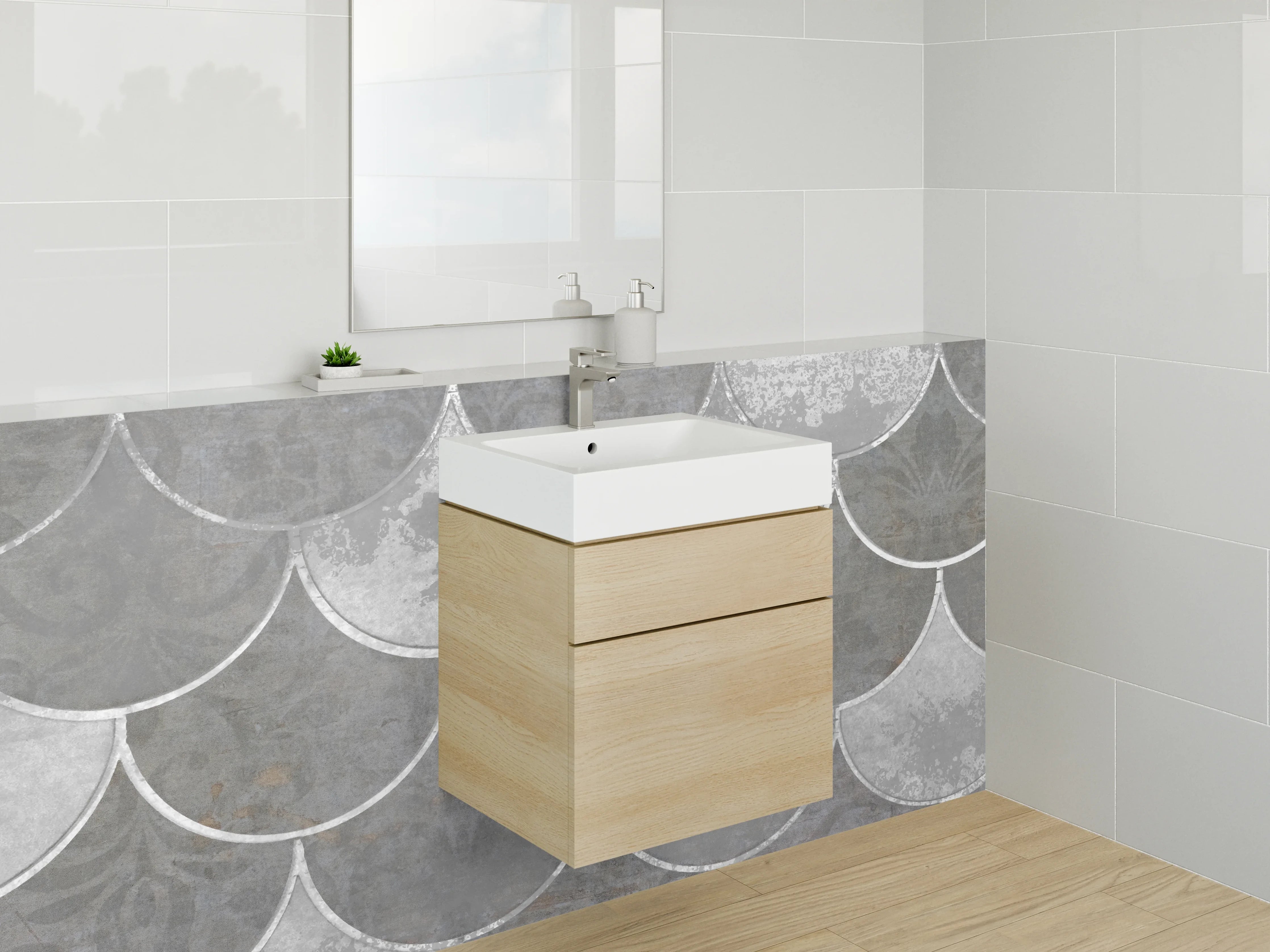 Waschbecken-Rückwand - Schuppen-Mosaik Fliesen Grau Weiß
