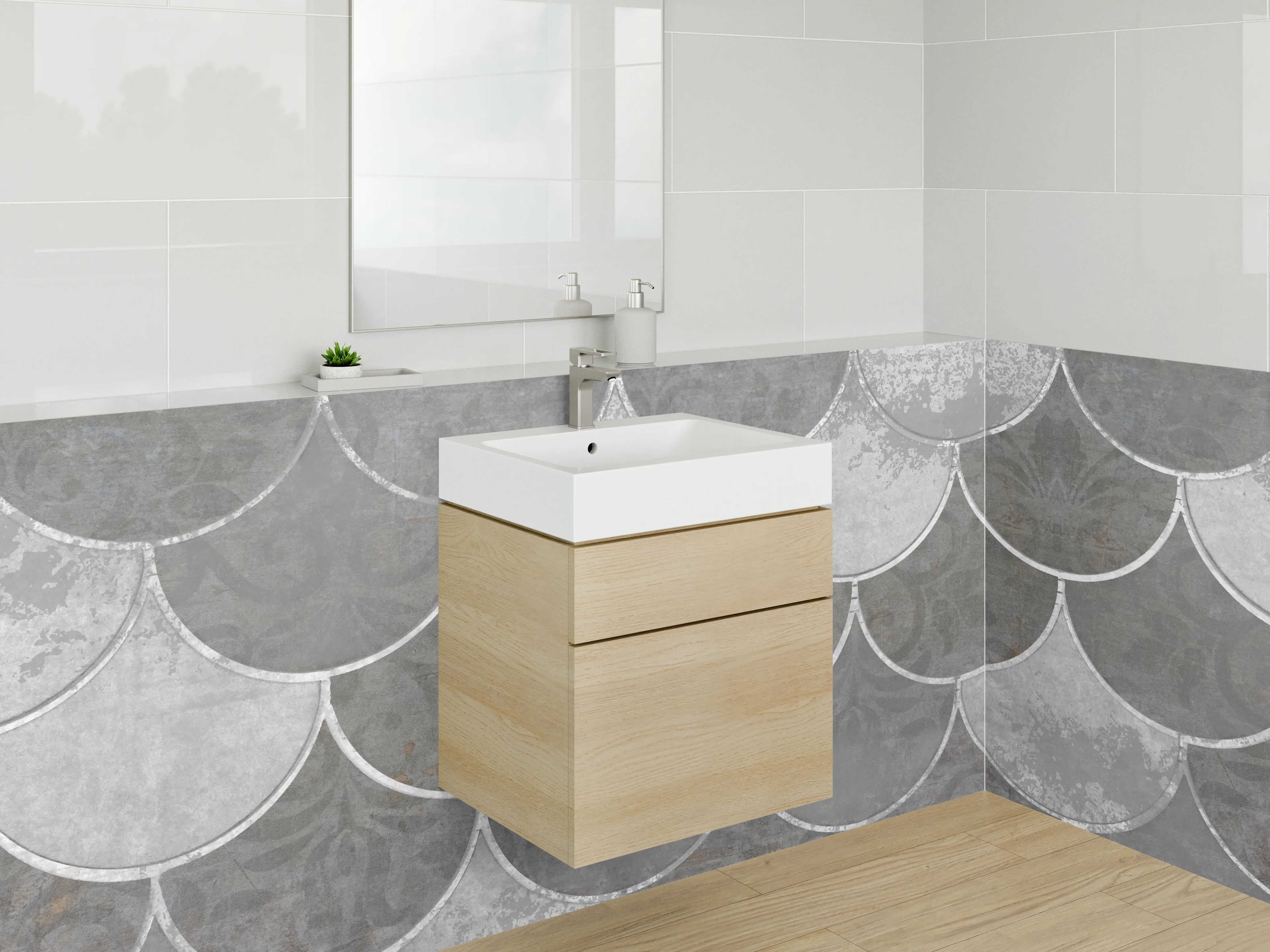Waschbecken-Rückwand - Schuppen-Mosaik Fliesen Grau Weiß