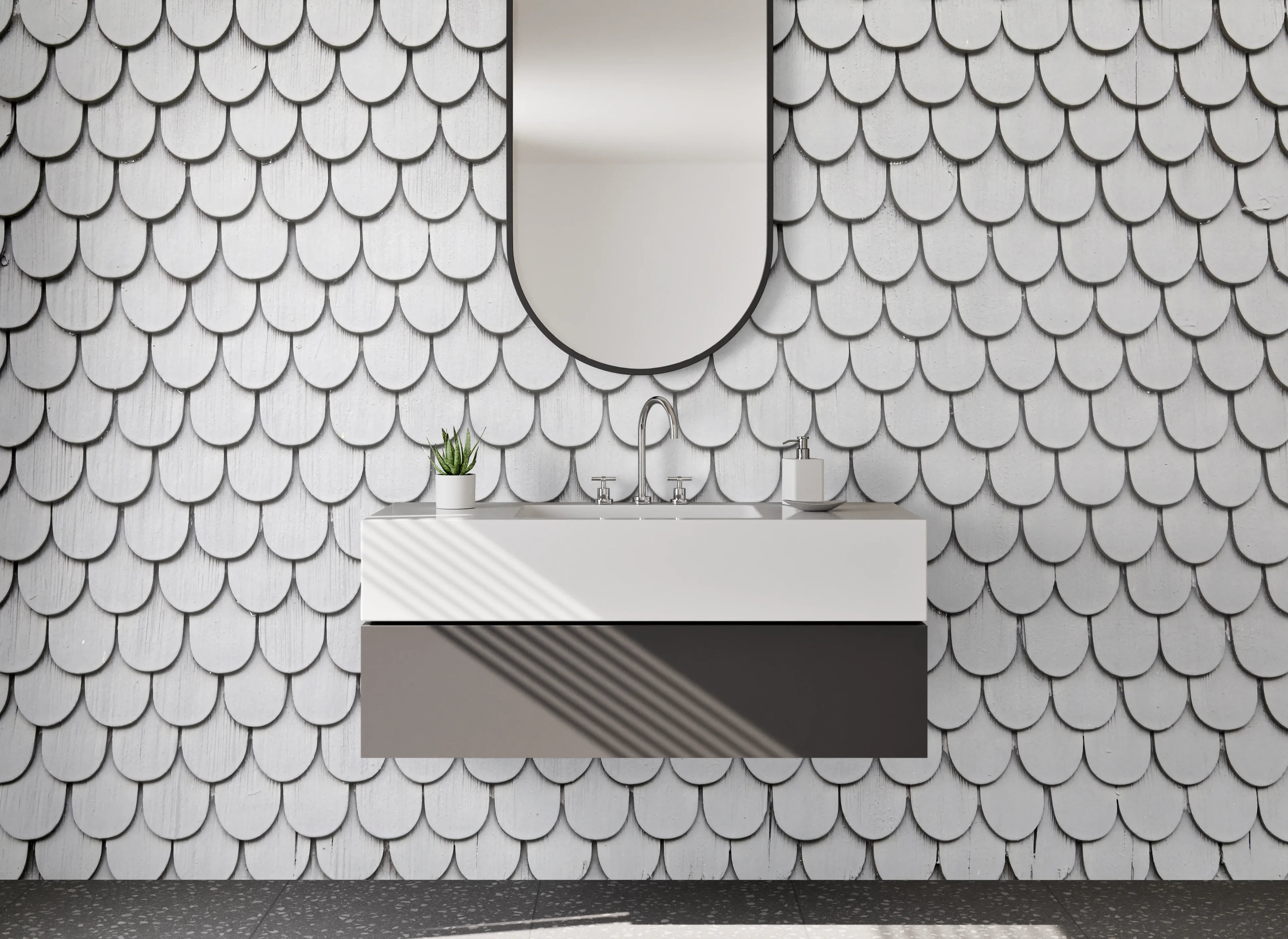 Waschbecken-Rückwand - Schuppenmuster weiß grau modern