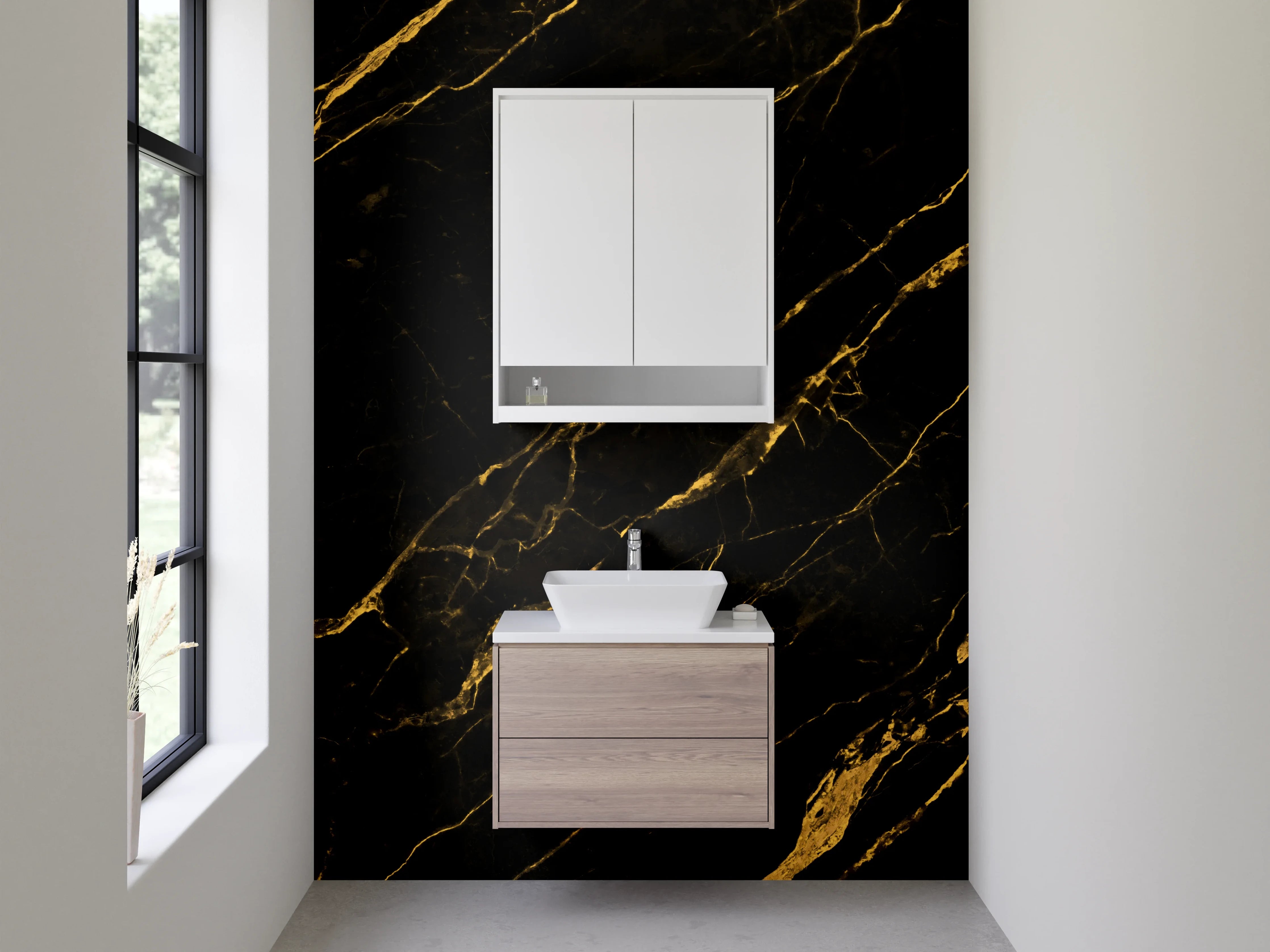 Waschbecken-Rückwand - Schwarz Gold Marmor Optik