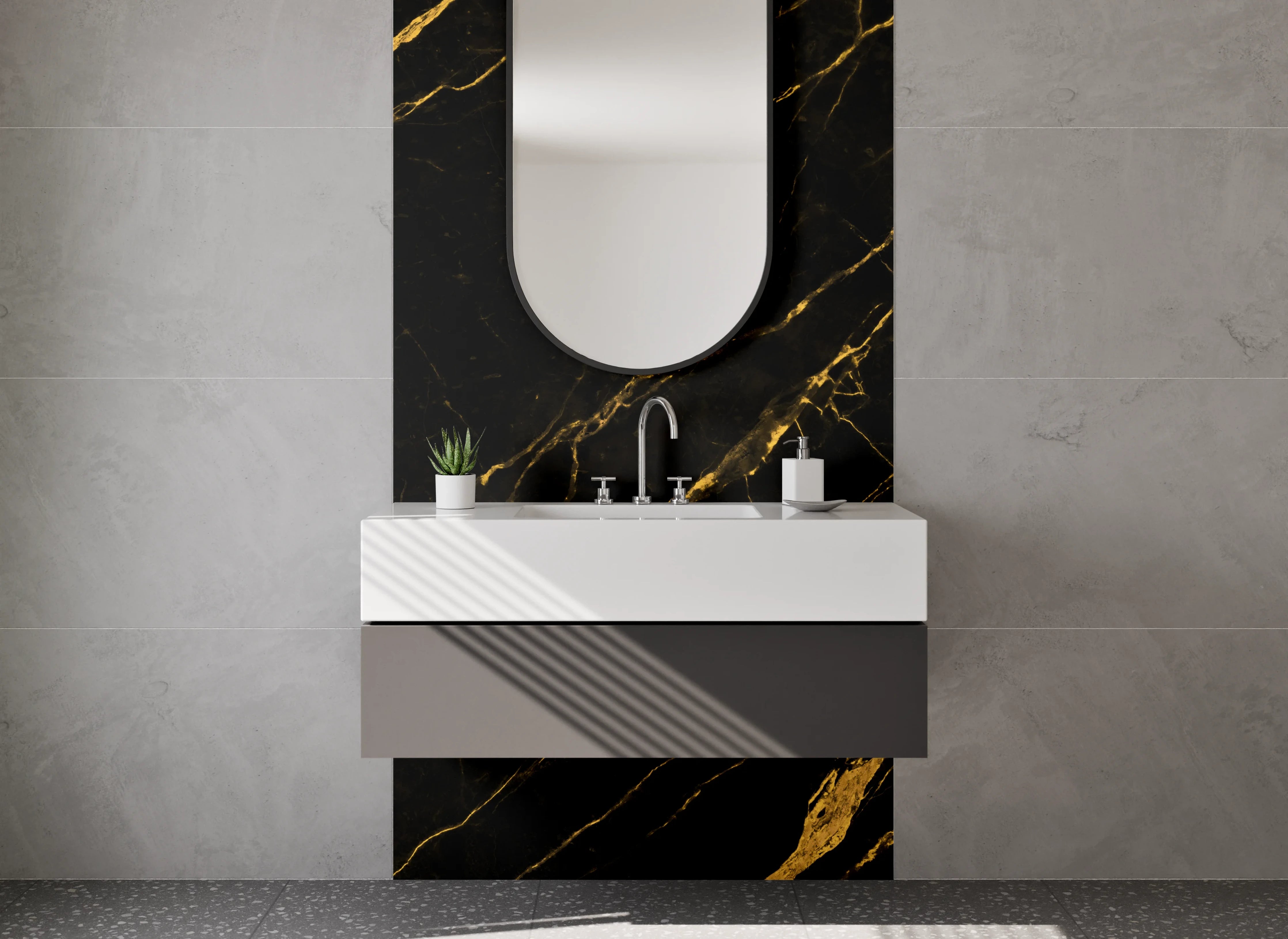 Waschbecken-Rückwand - Schwarz Gold Marmor Optik