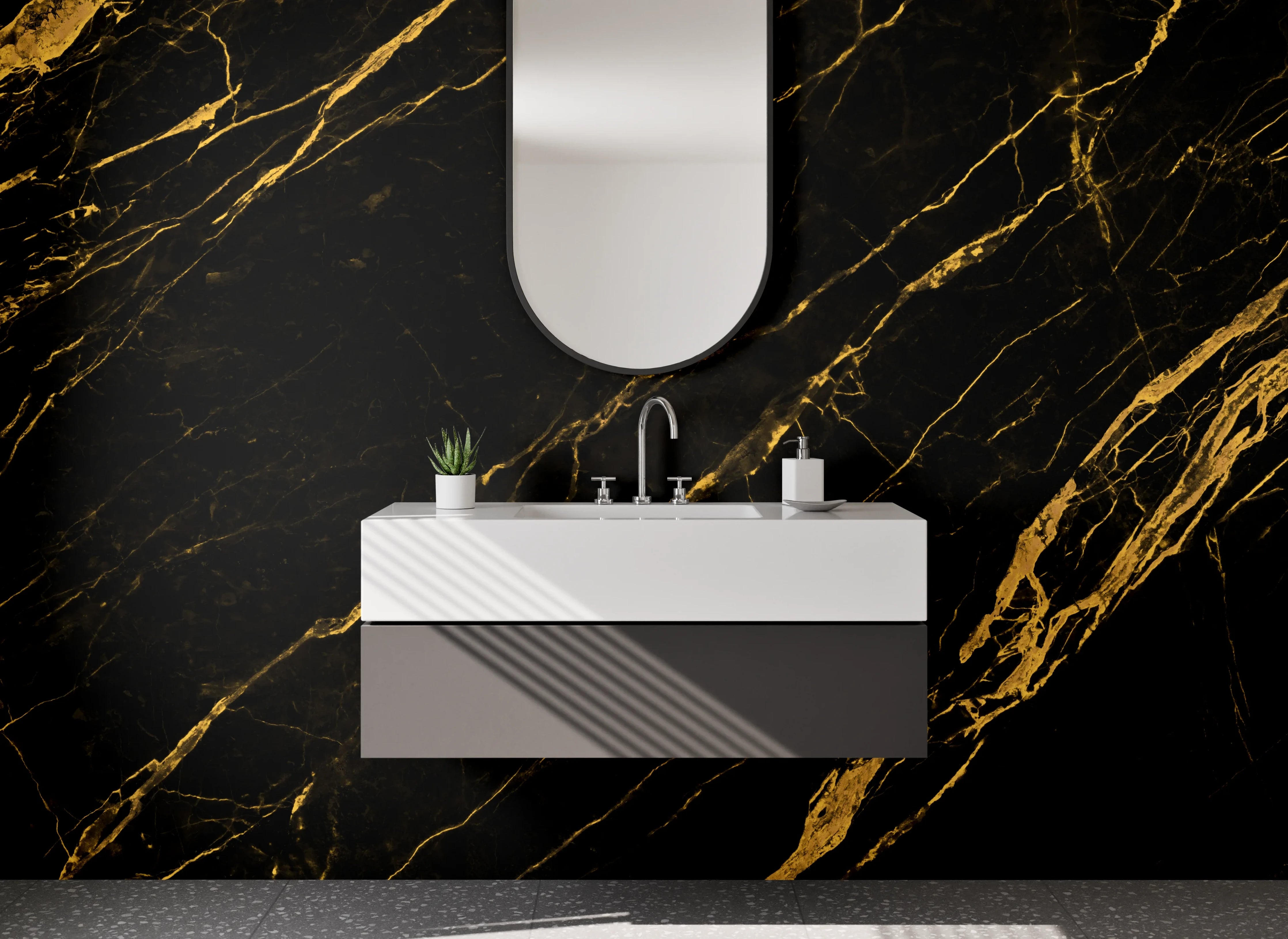 Waschbecken-Rückwand - Schwarz Gold Marmor Optik
