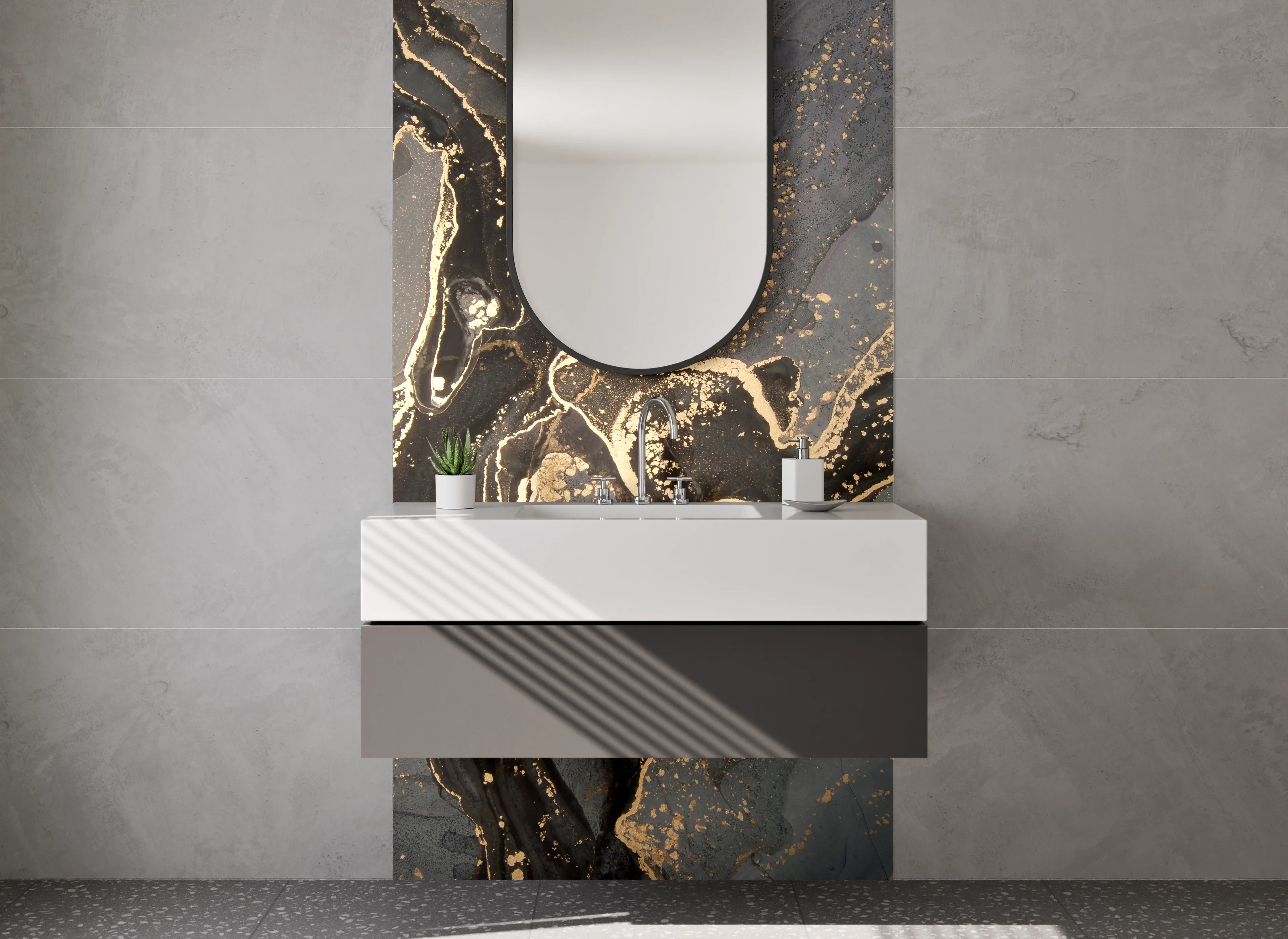 Waschbecken-Rückwand - Schwarz-Goldene Marmor-Textur