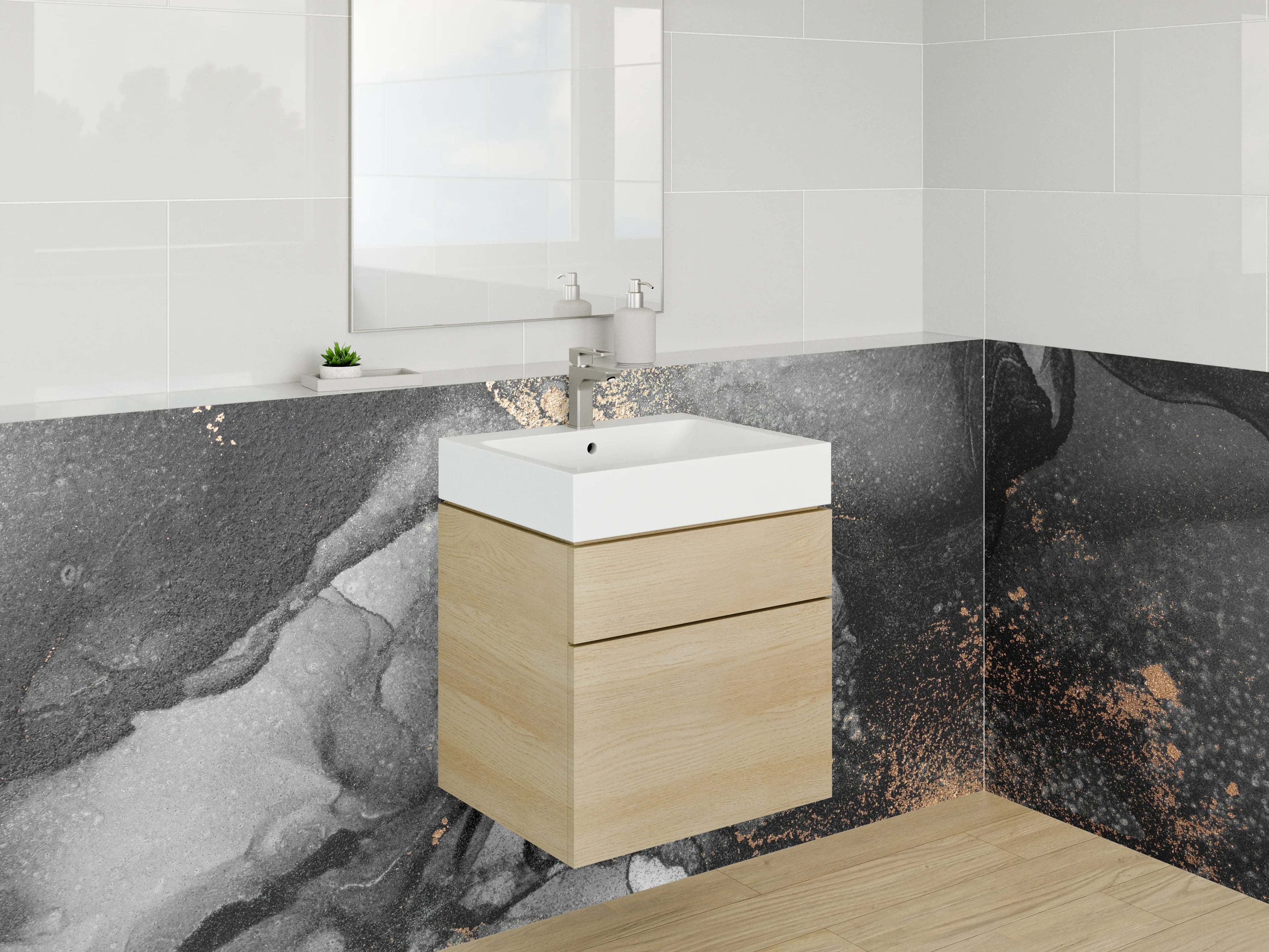 Waschbecken-Rückwand - Schwarz-Graue Marmor-Textur mit Goldakzenten