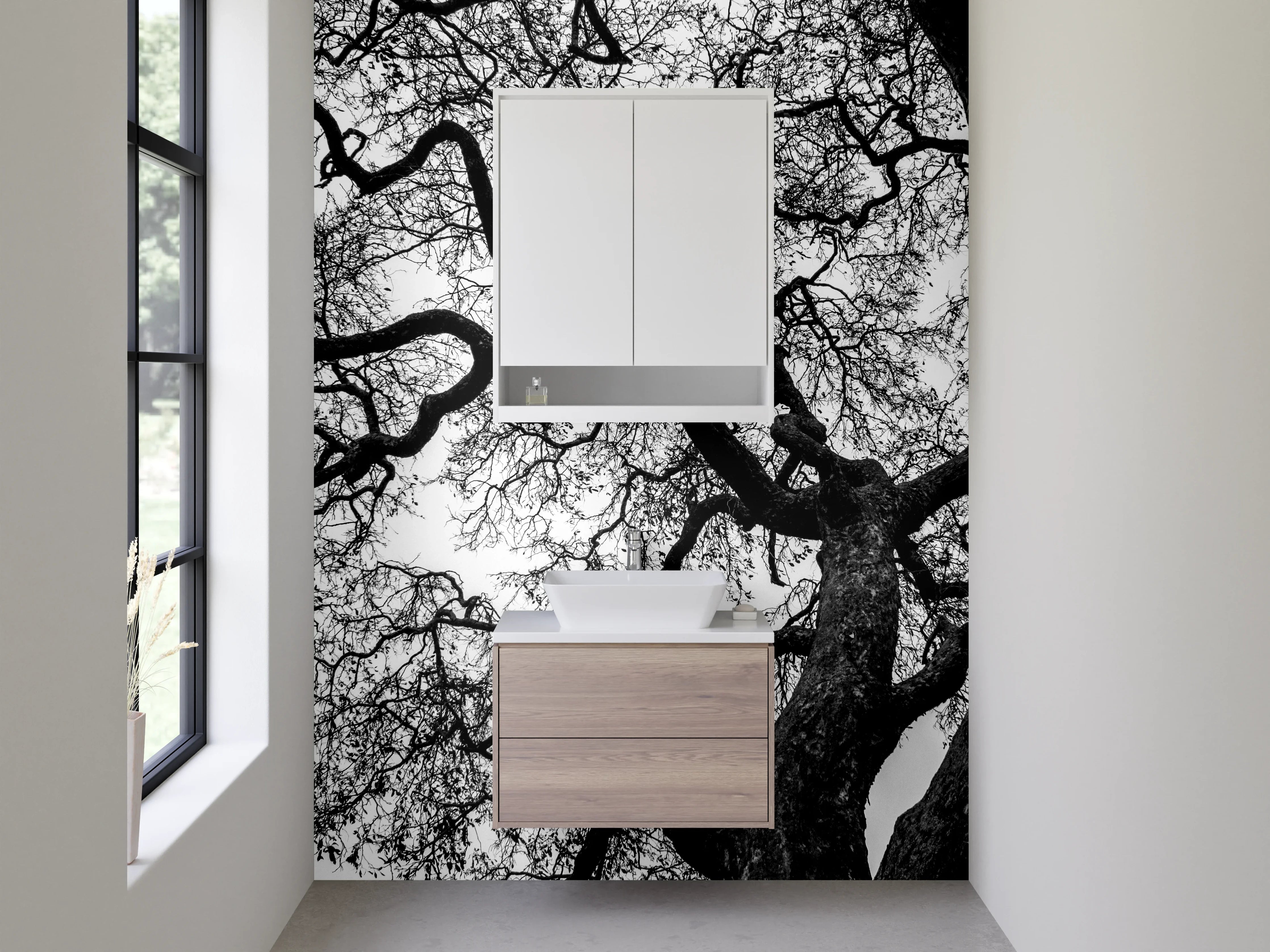 Waschbecken-Rückwand - Schwarz-Weiß-Baum Silhouette