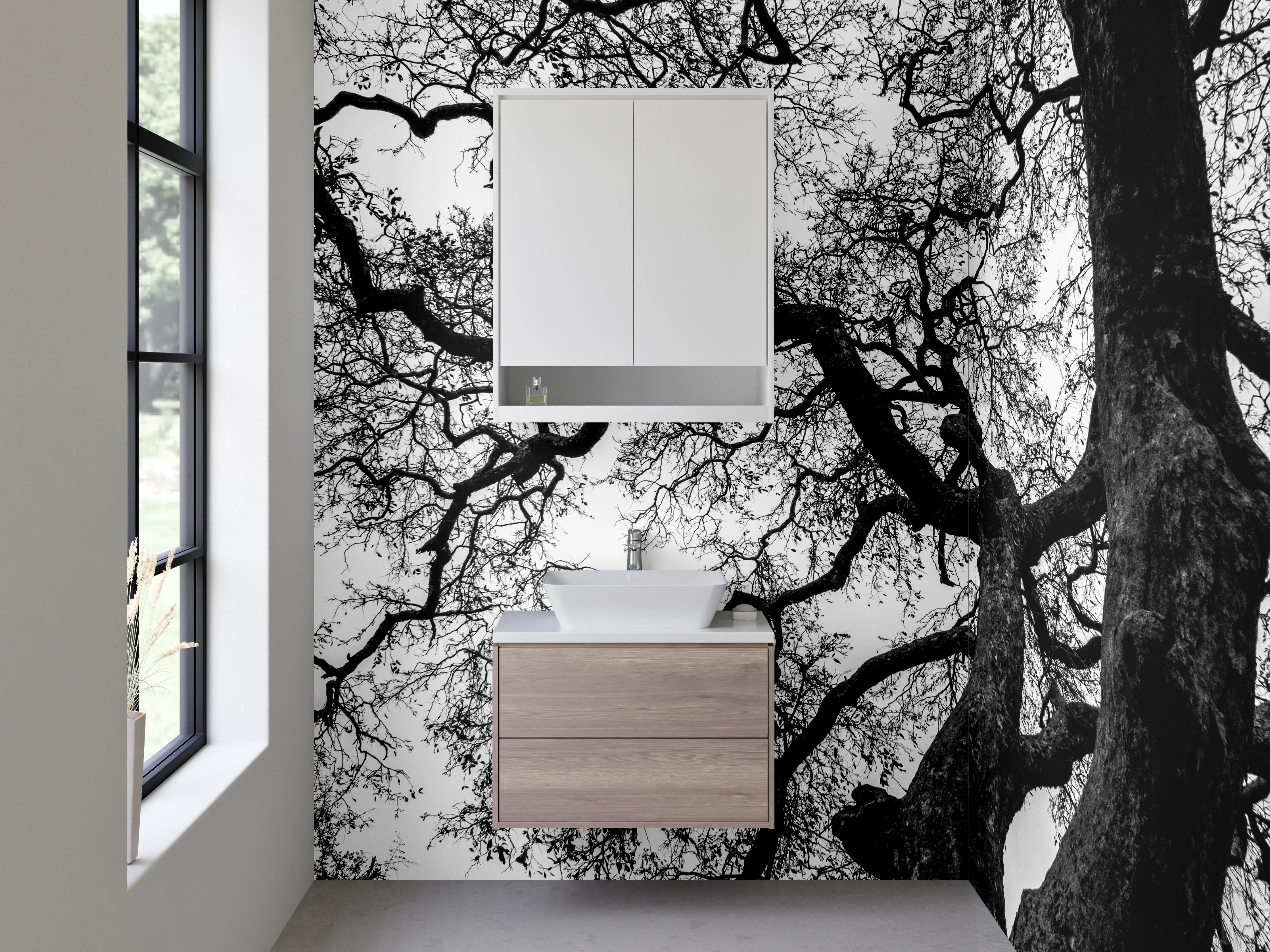 Waschbecken-Rückwand - Schwarz-Weiß-Baum Silhouette