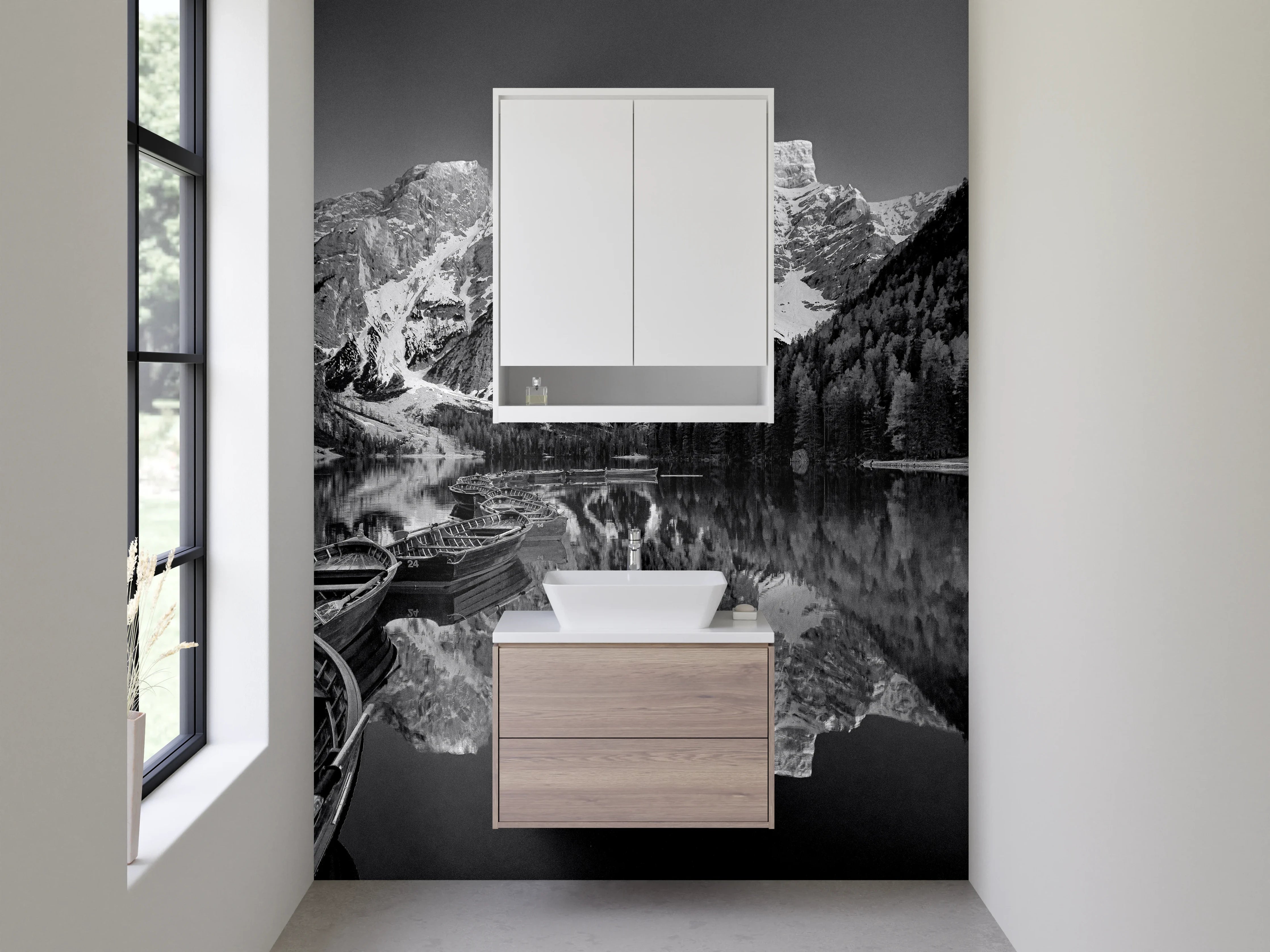 Waschbecken-Rückwand - Schwarz-Weiß-Bergsee mit Booten