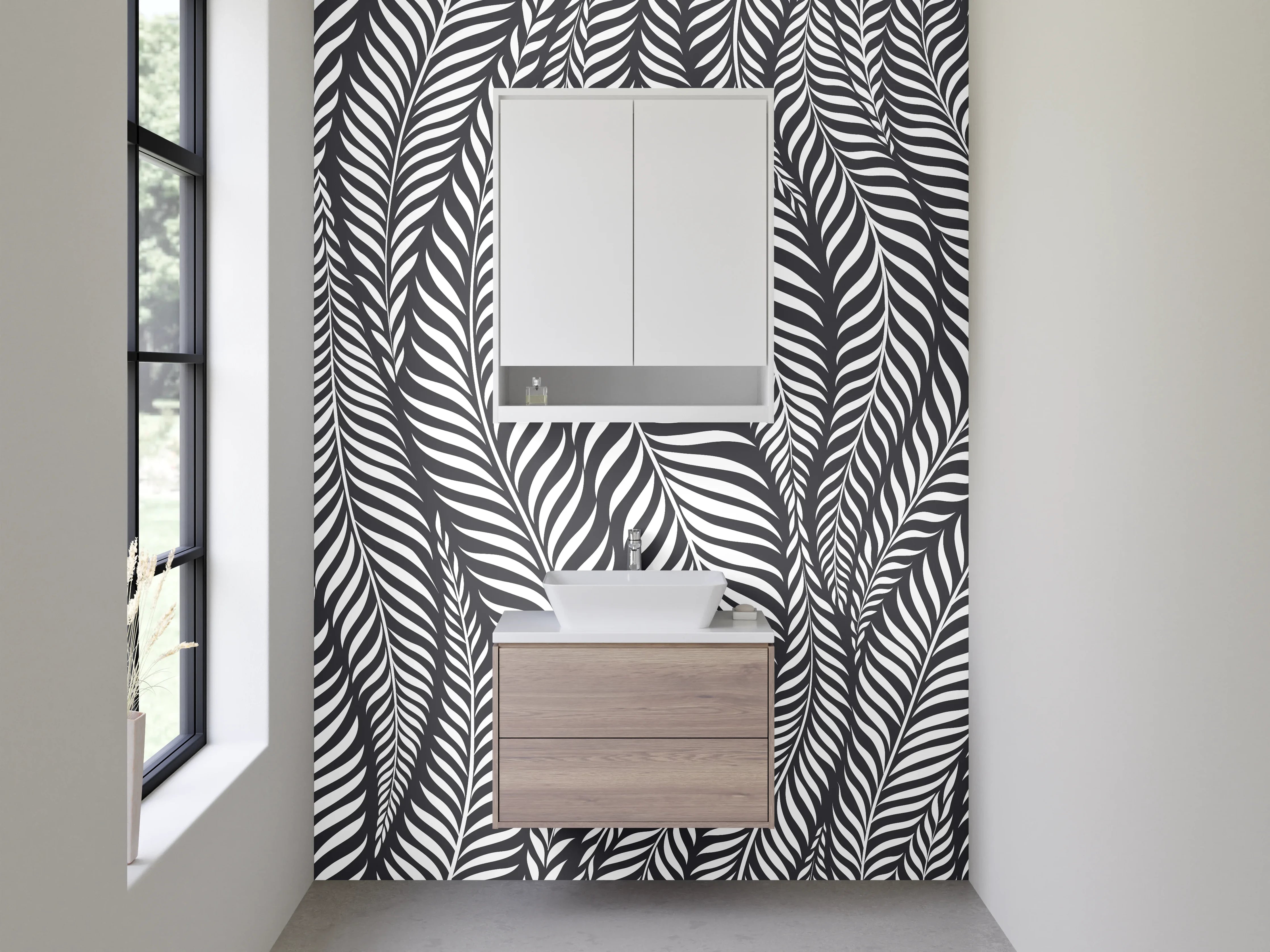 Waschbecken-Rückwand - Schwarz-Weiß Blätter Muster Design