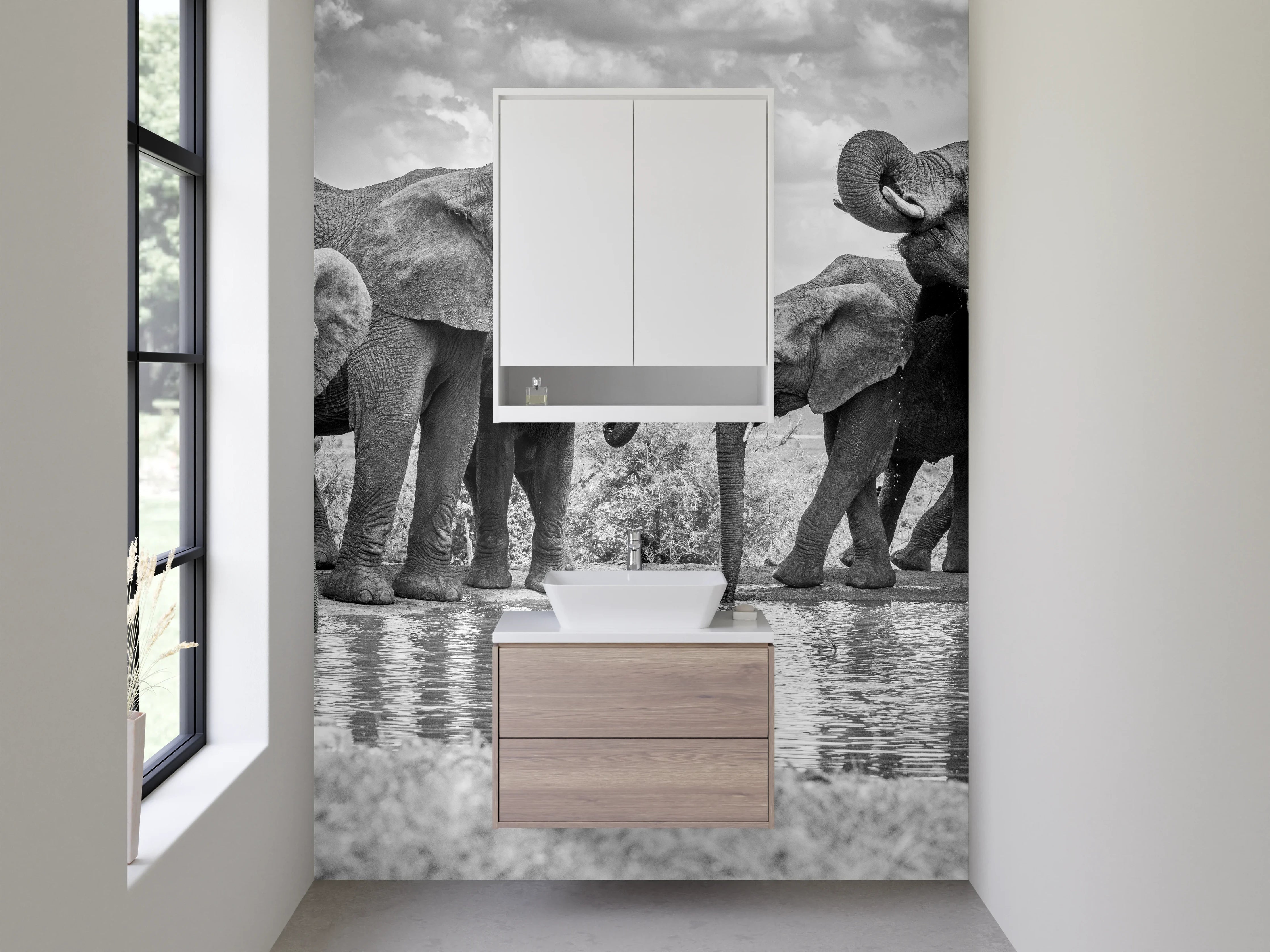 Waschbecken-Rückwand - Schwarz-Weiß Elefanten am Wasserloch Fotokunst