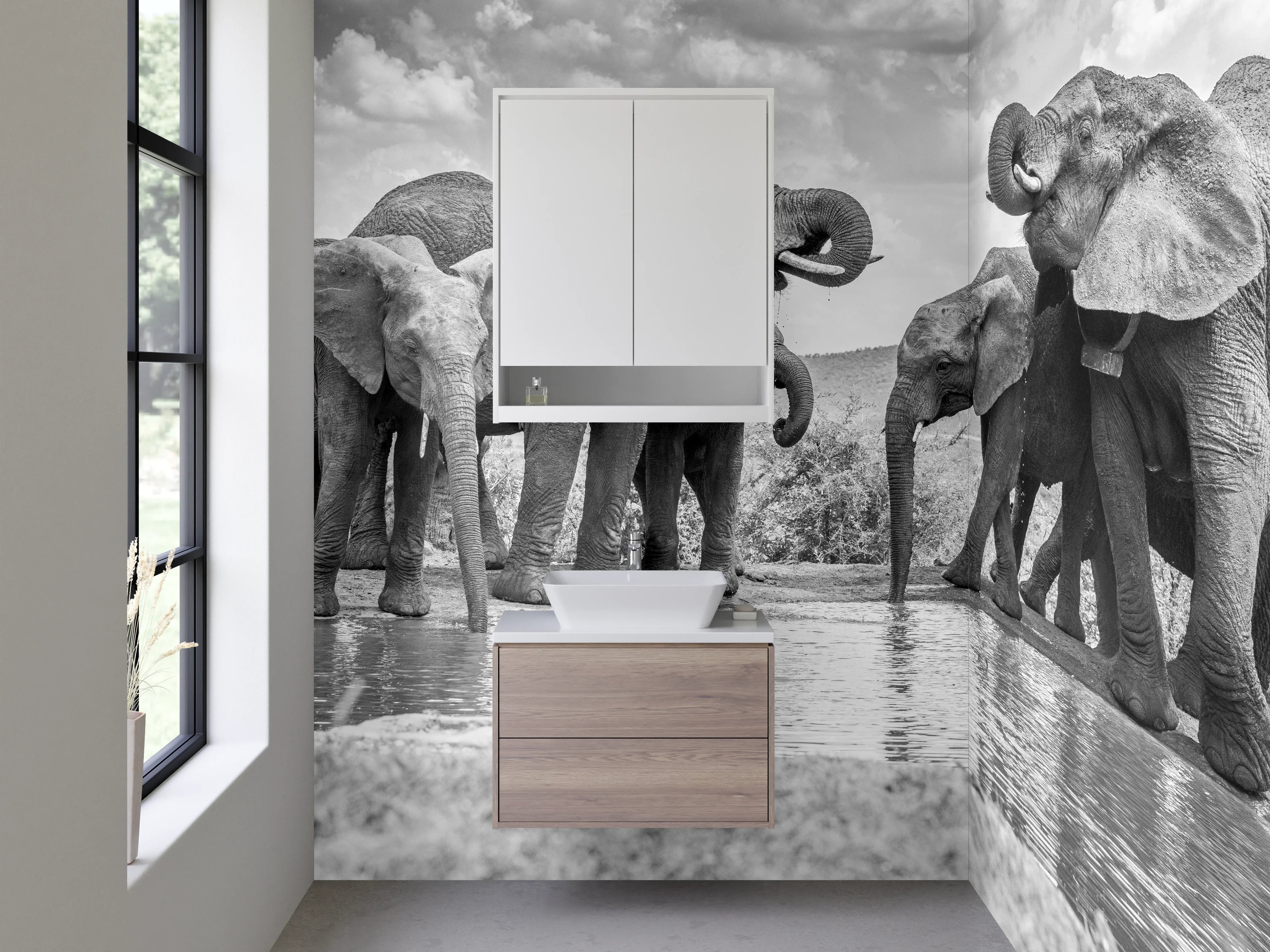 Waschbecken-Rückwand - Schwarz-Weiß Elefanten am Wasserloch Fotokunst