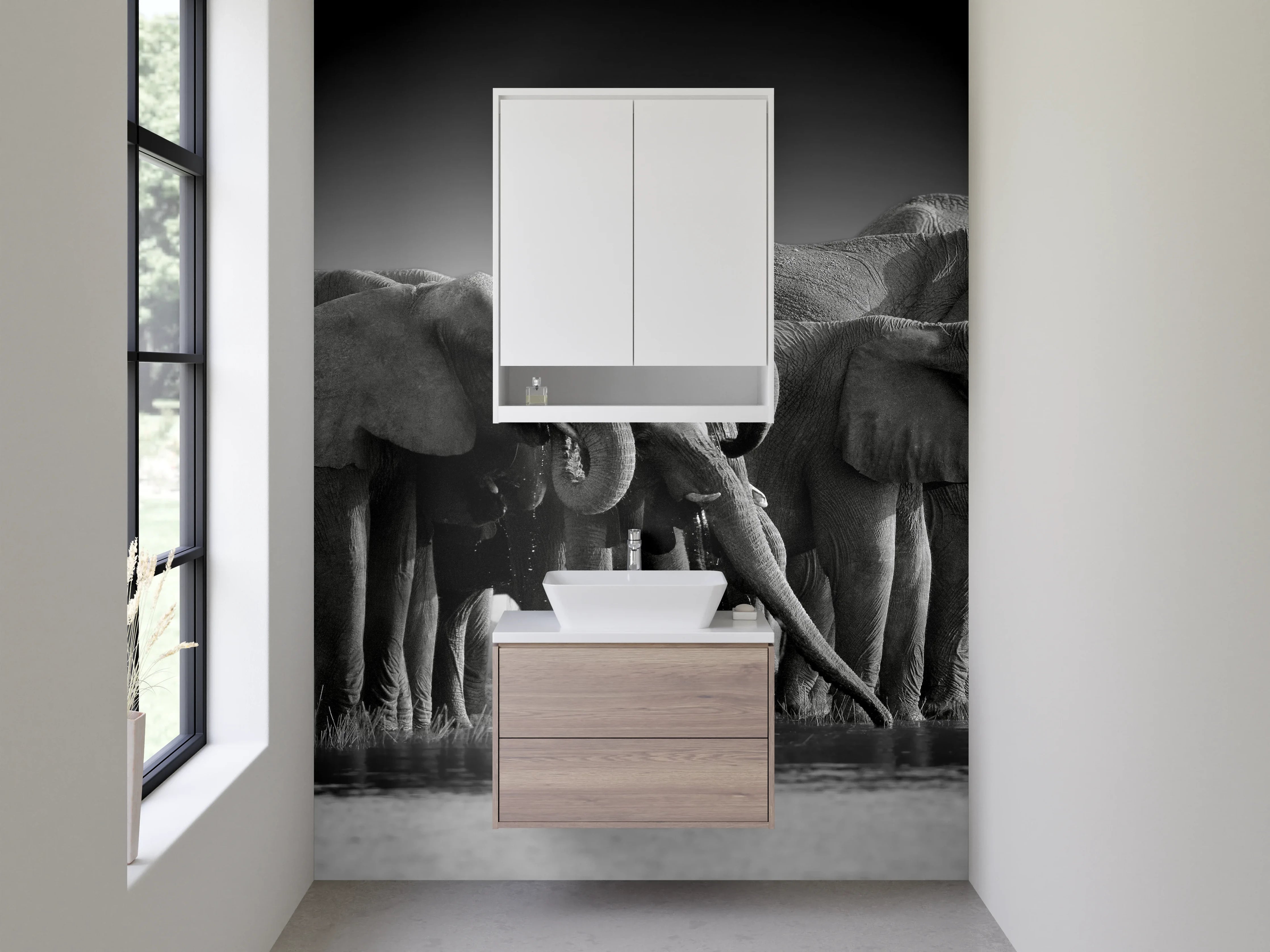 Waschbecken-Rückwand - Schwarz-Weiß Elefantenherde Fotokunst