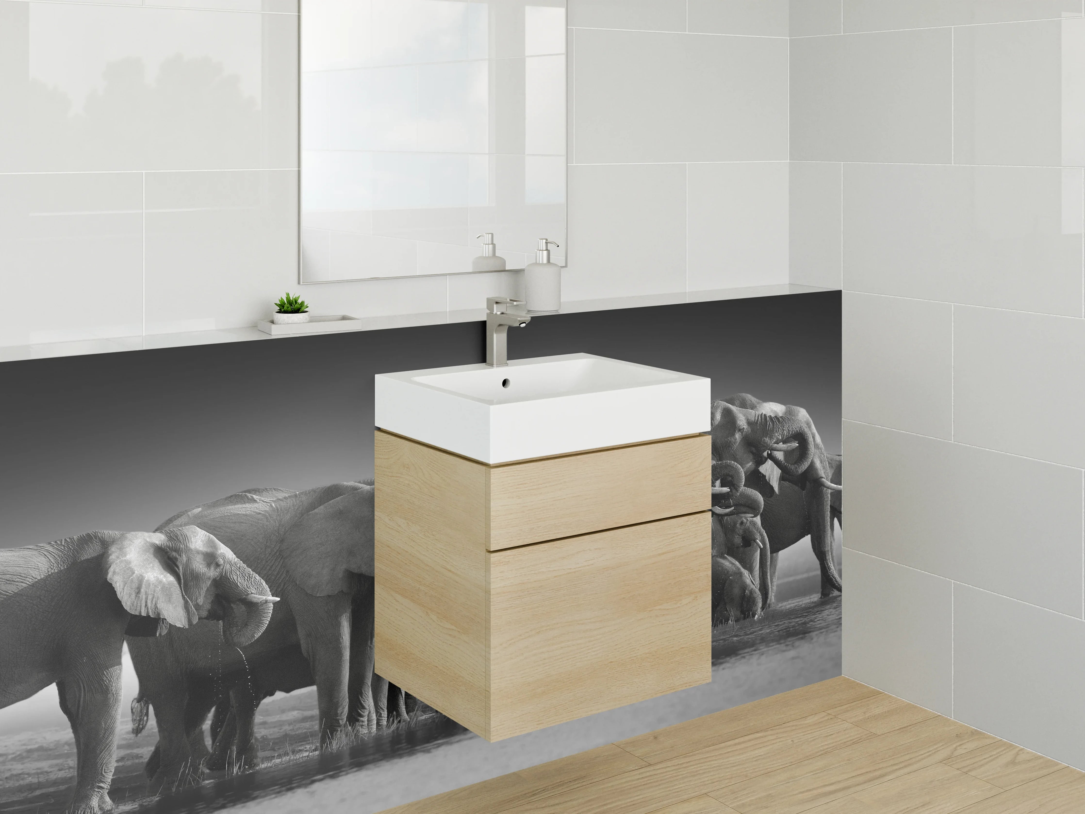 Waschbecken-Rückwand - Schwarz-Weiß Elefantenherde Fotokunst