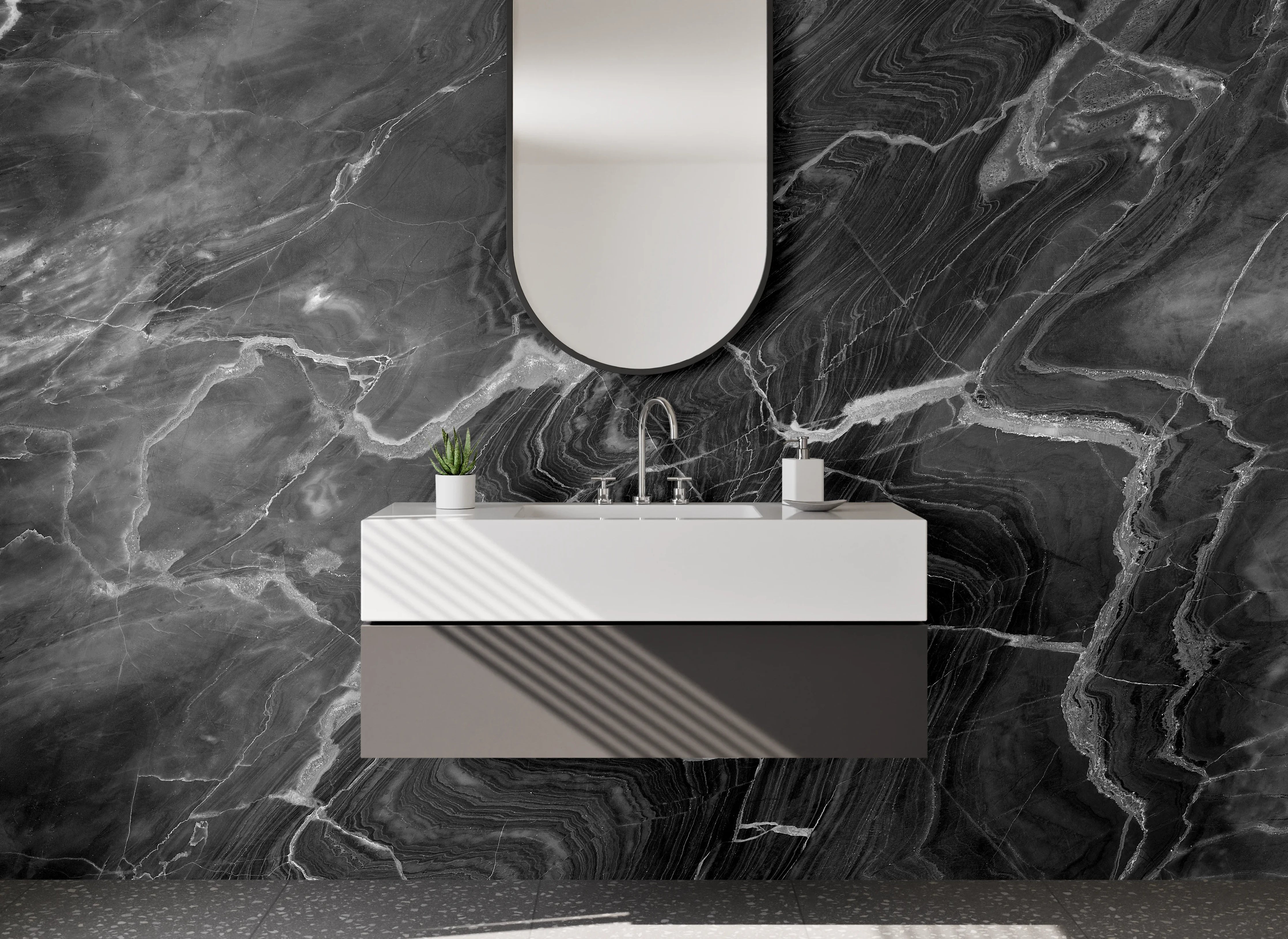 Waschbecken-Rückwand - Schwarz-Weiß-Marmor mit feiner Struktur