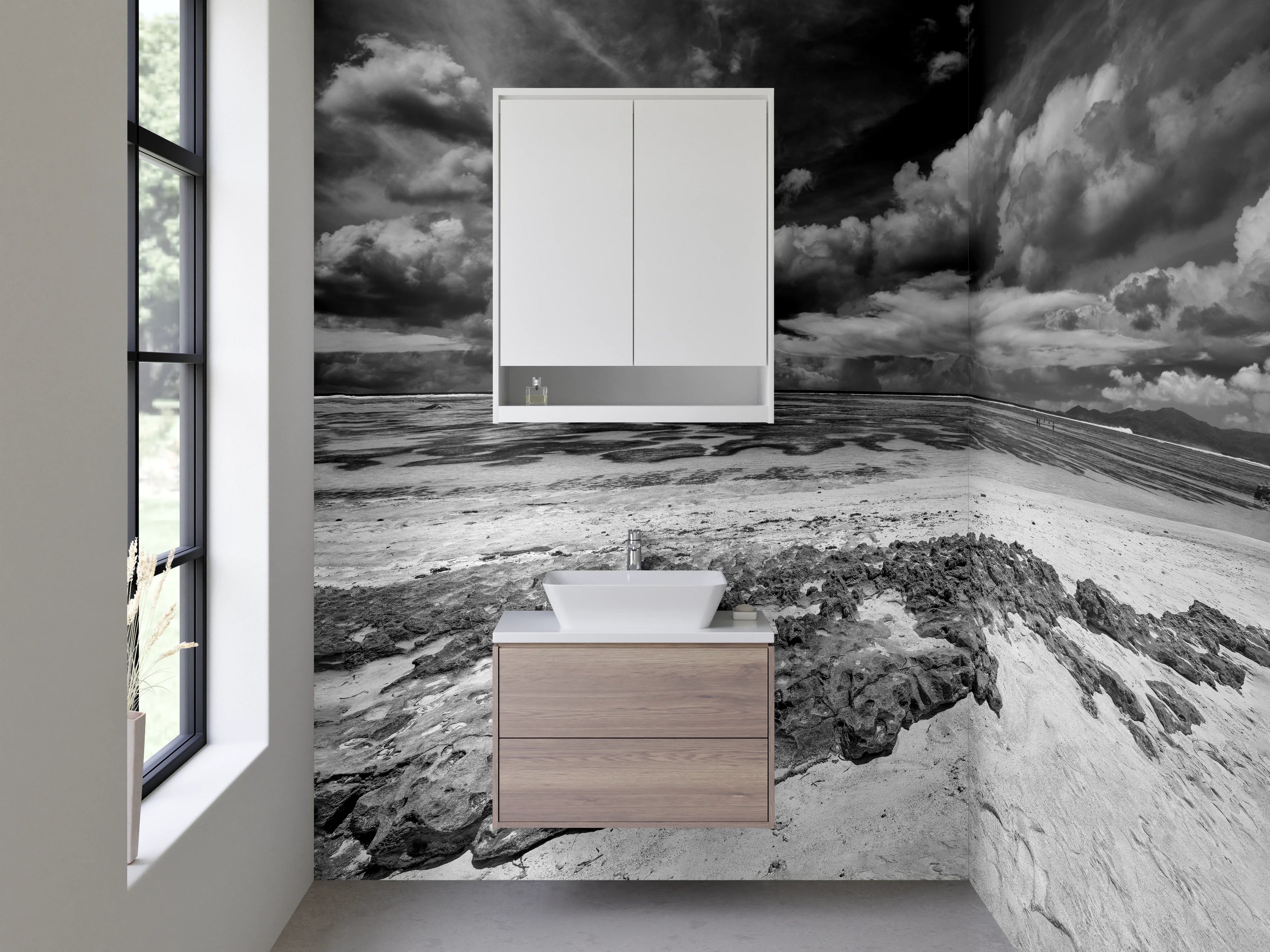Waschbecken-Rückwand - Schwarz-Weiß Strandlandschaft mit dramatischen Wolken