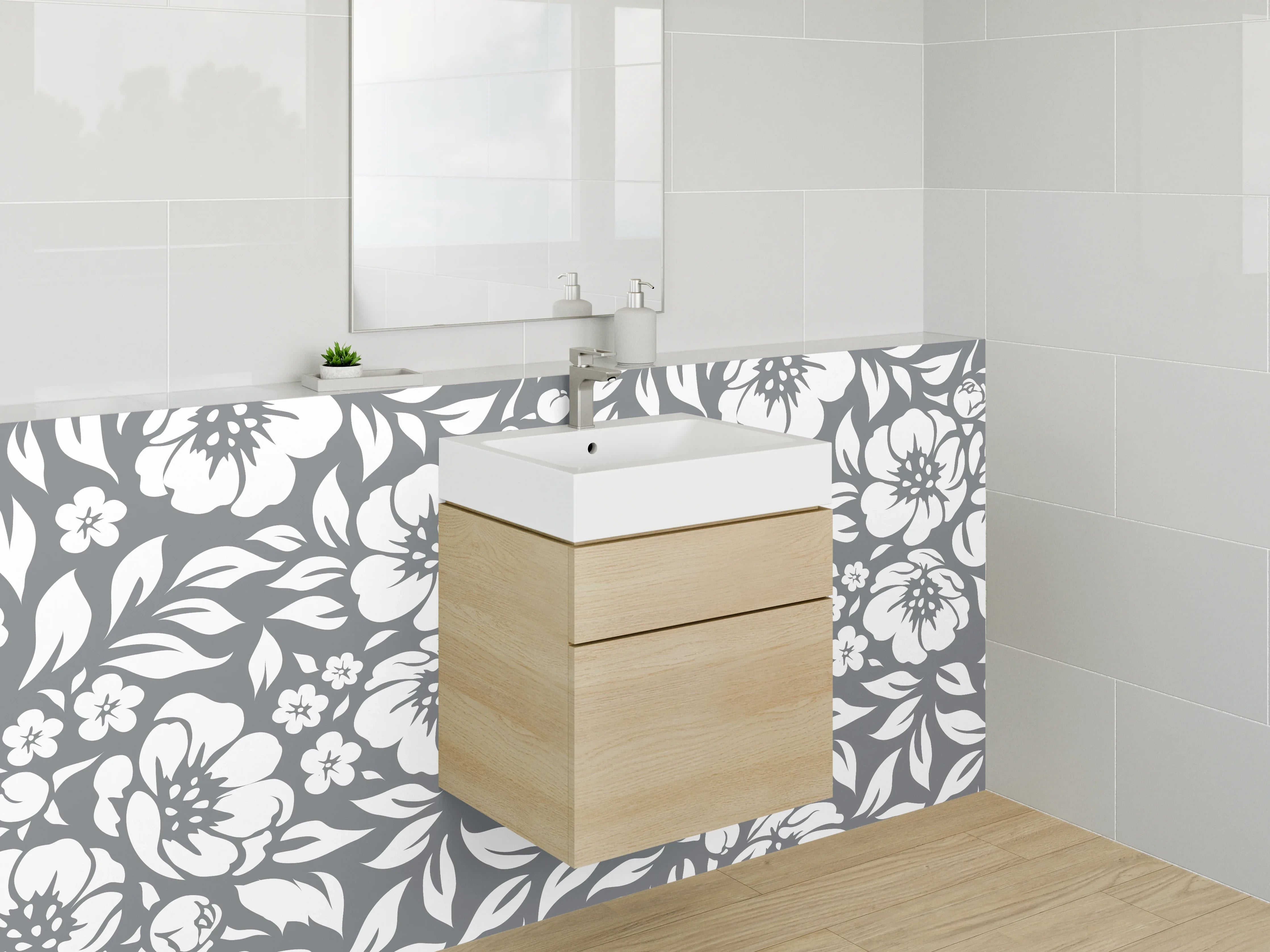 Waschbecken-Rückwand - Schwarz-Weiße Blumen Muster Design
