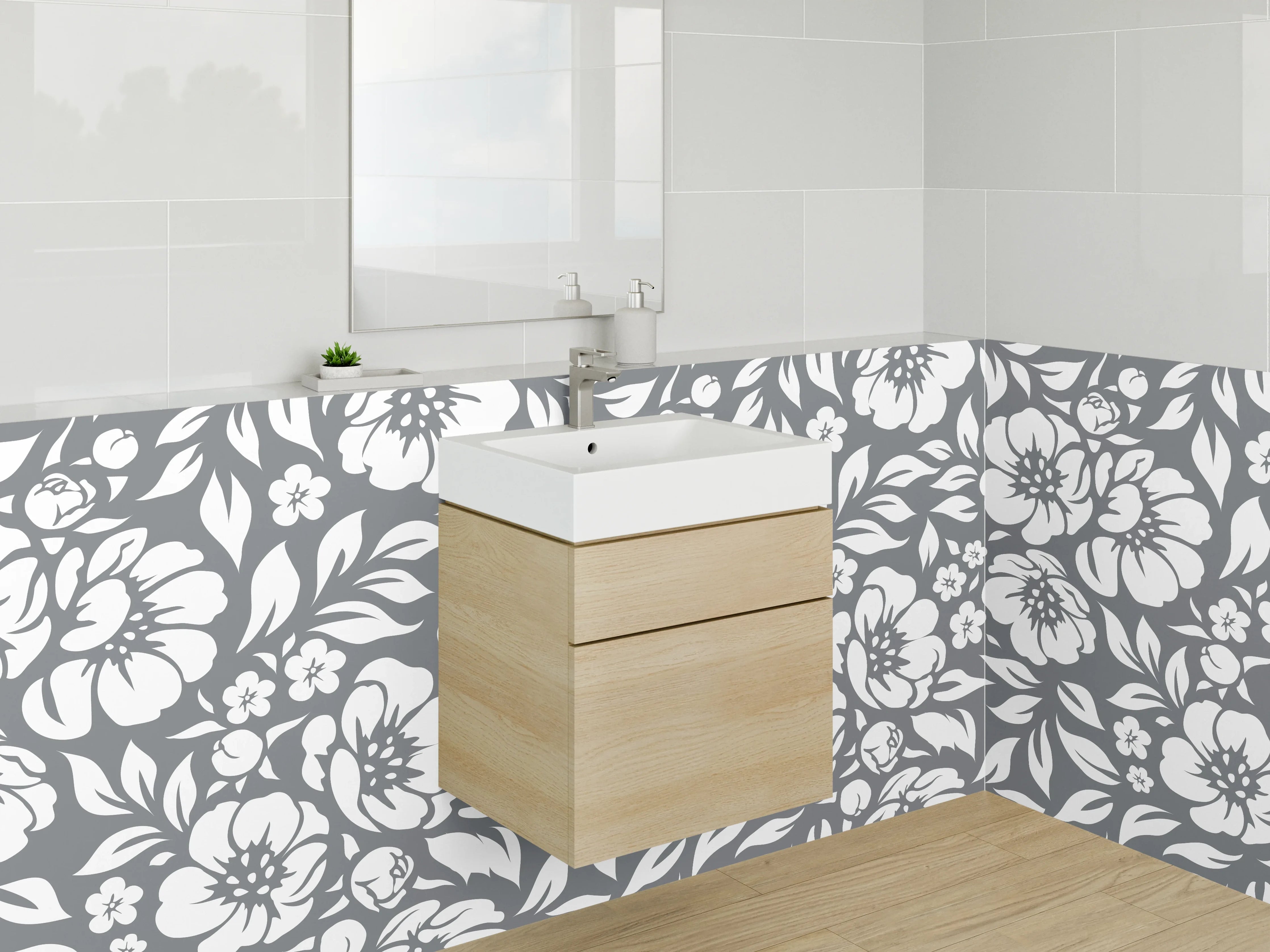 Waschbecken-Rückwand - Schwarz-Weiße Blumen Muster Design