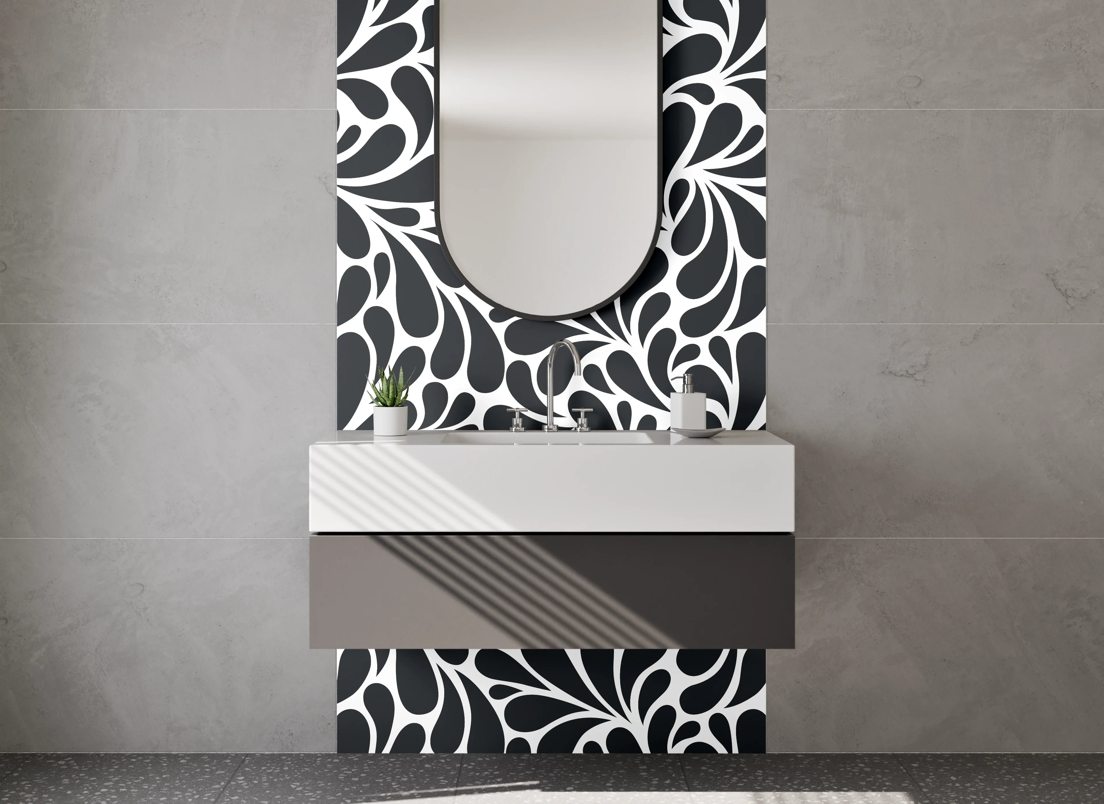 Waschbecken-Rückwand - Schwarz-weiß florales Muster-Design