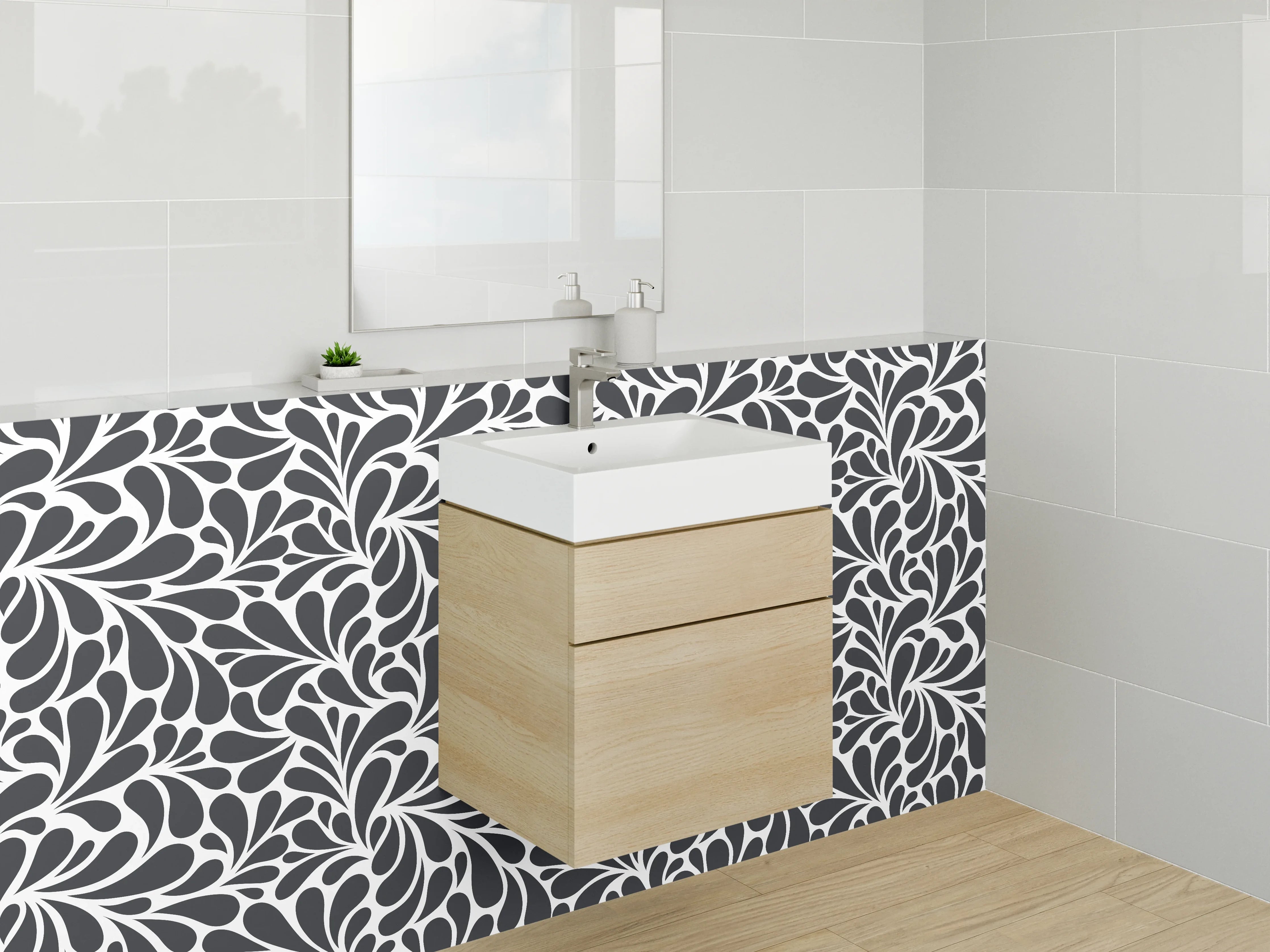 Waschbecken-Rückwand - Schwarz-weiß florales Muster-Design