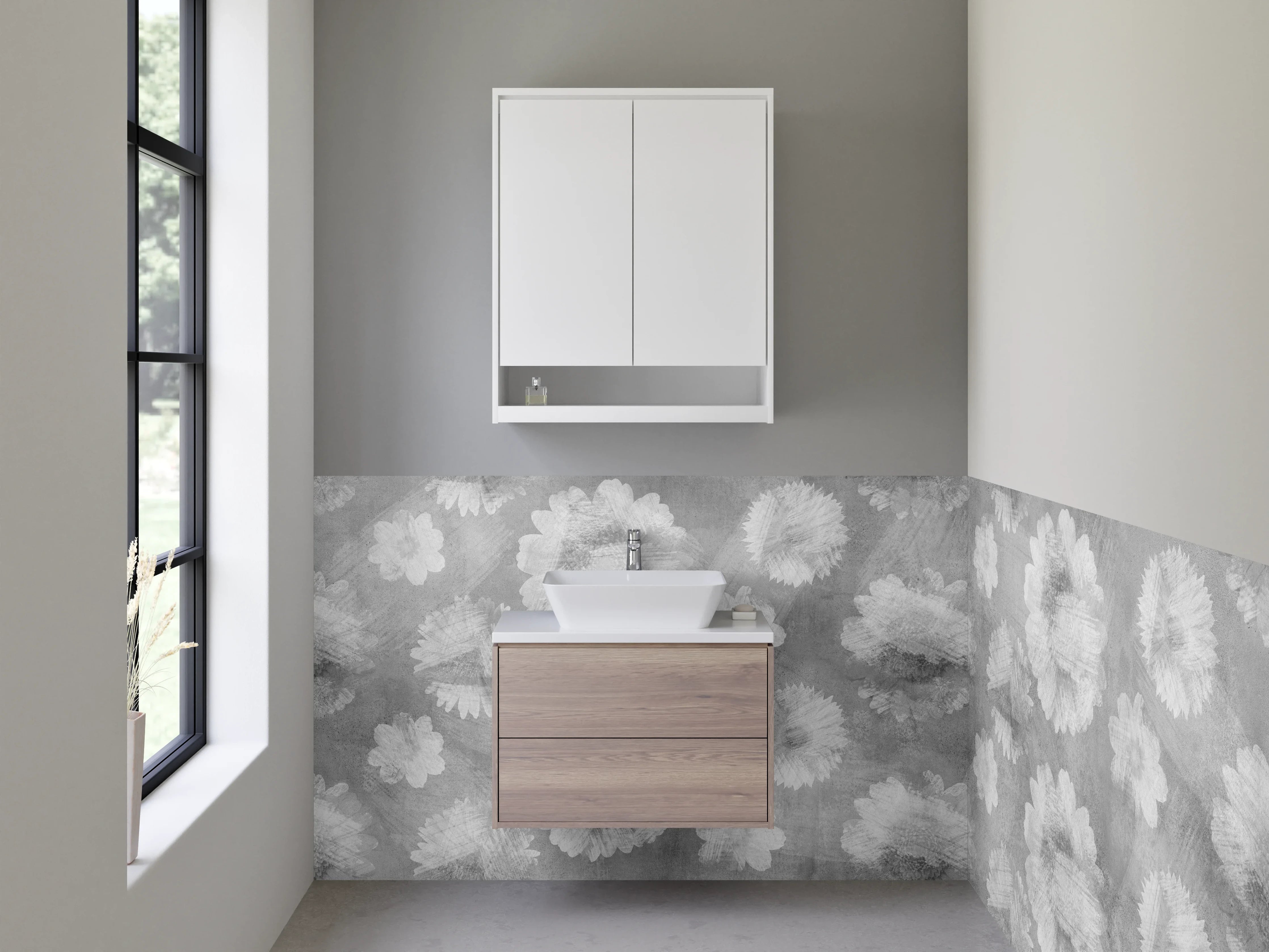 Waschbecken-Rückwand - Schwarz-weiße Aquarell-Blumenmuster Fliesen-Design