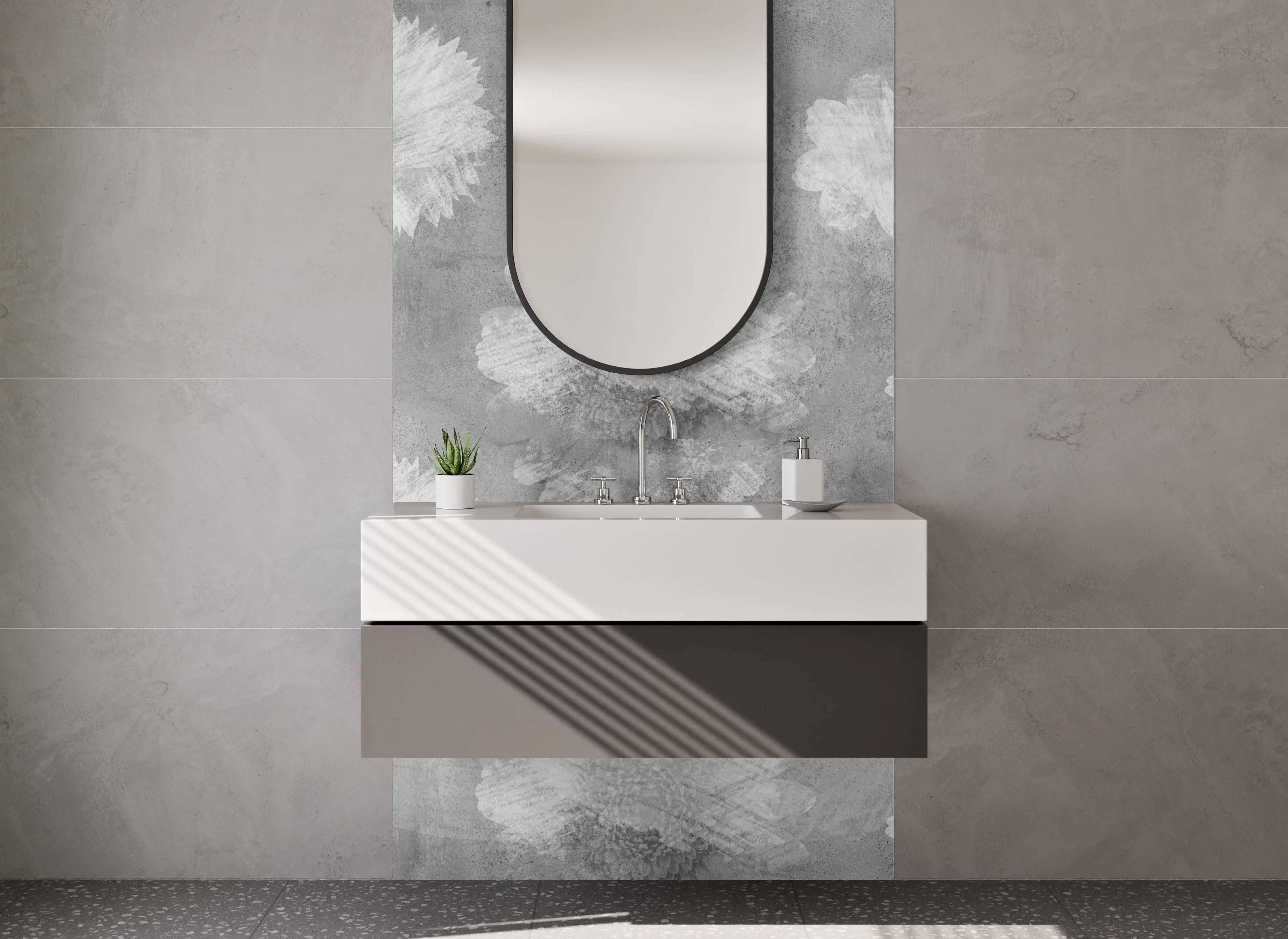 Waschbecken-Rückwand - Schwarz-weiße Aquarell-Blumenmuster Fliesen-Design