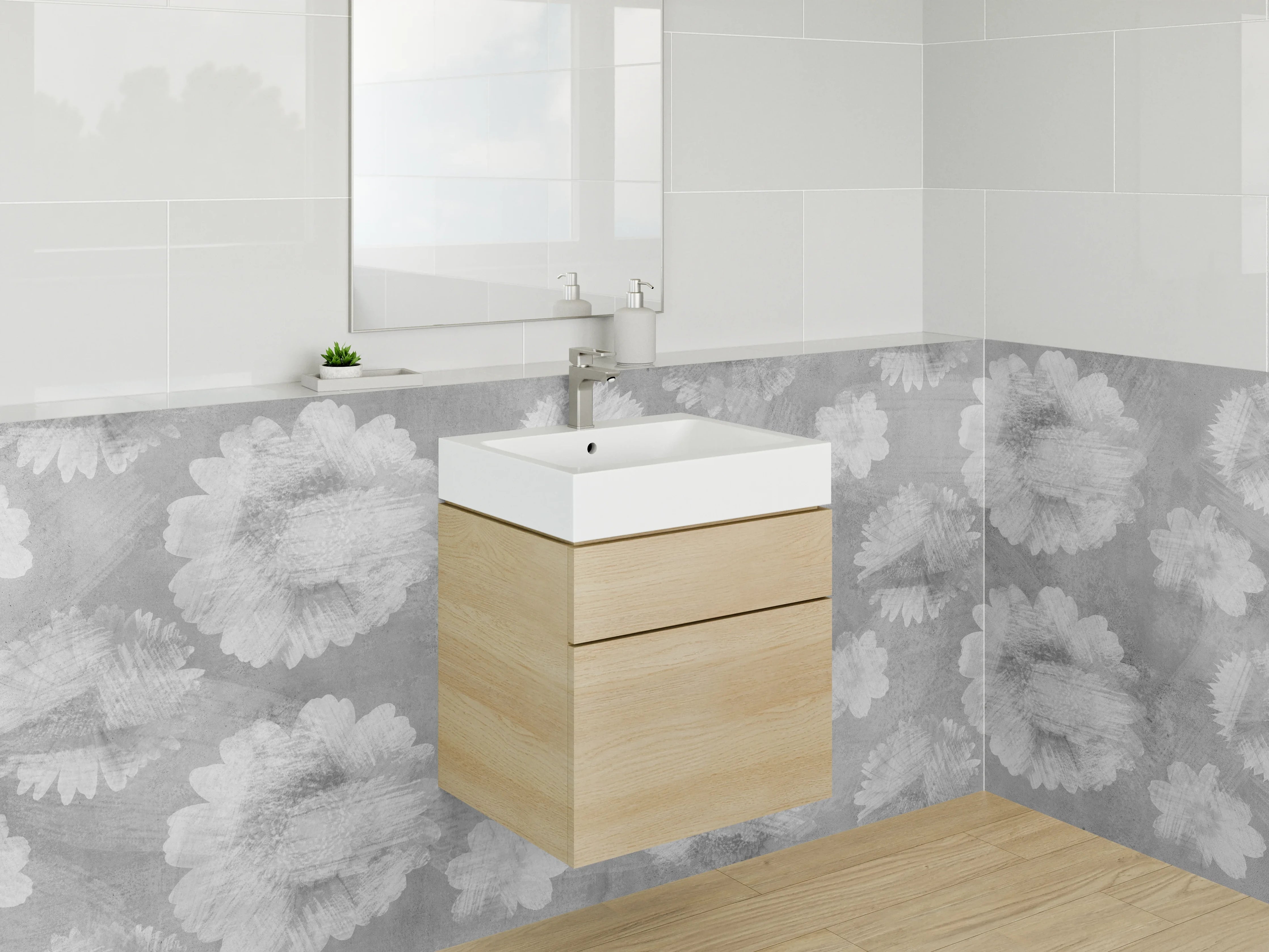 Waschbecken-Rückwand - Schwarz-weiße Aquarell-Blumenmuster Fliesen-Design