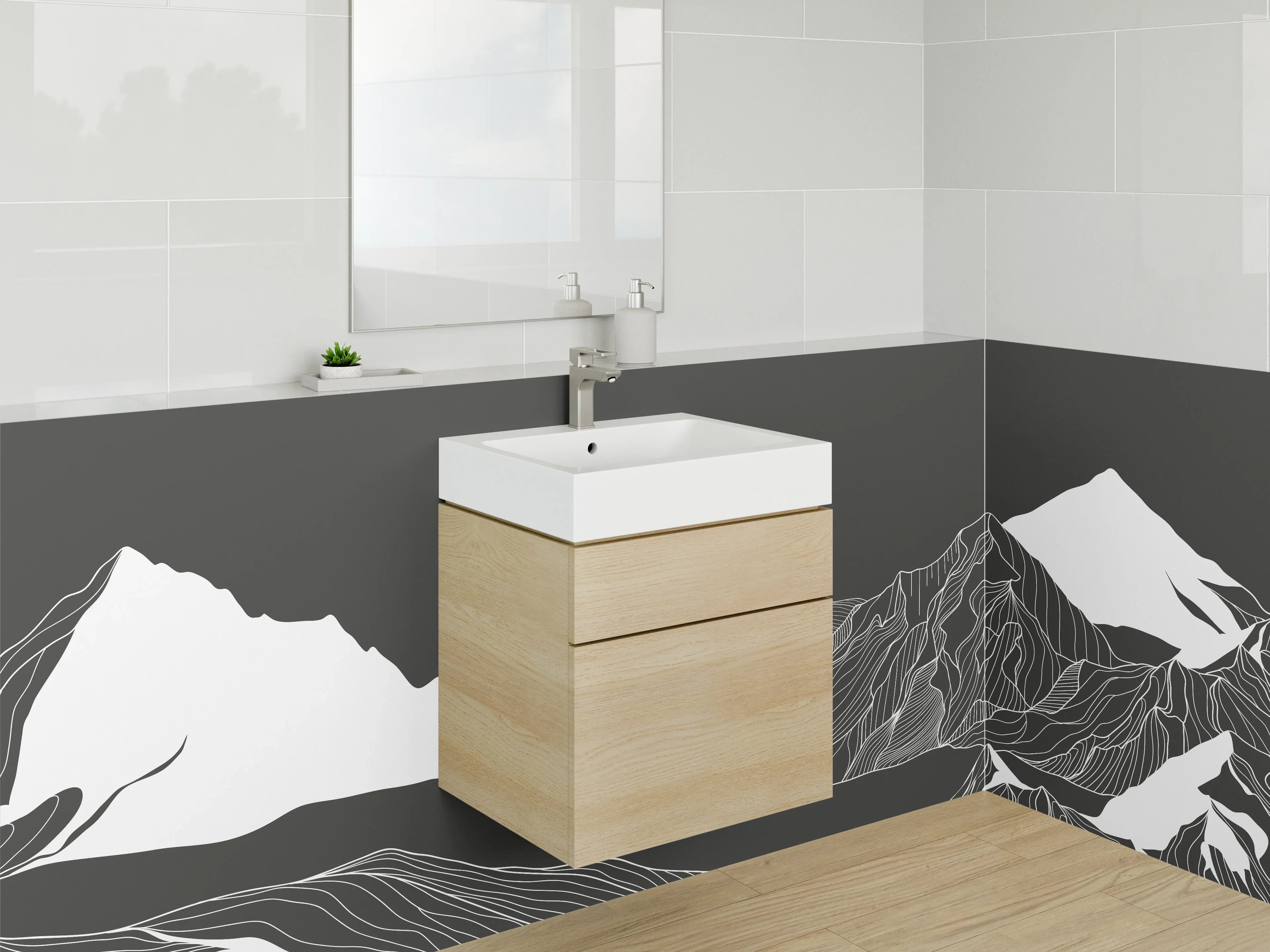 Waschbecken-Rückwand - Schwarz-weiße Berg-Landschaft Lineart