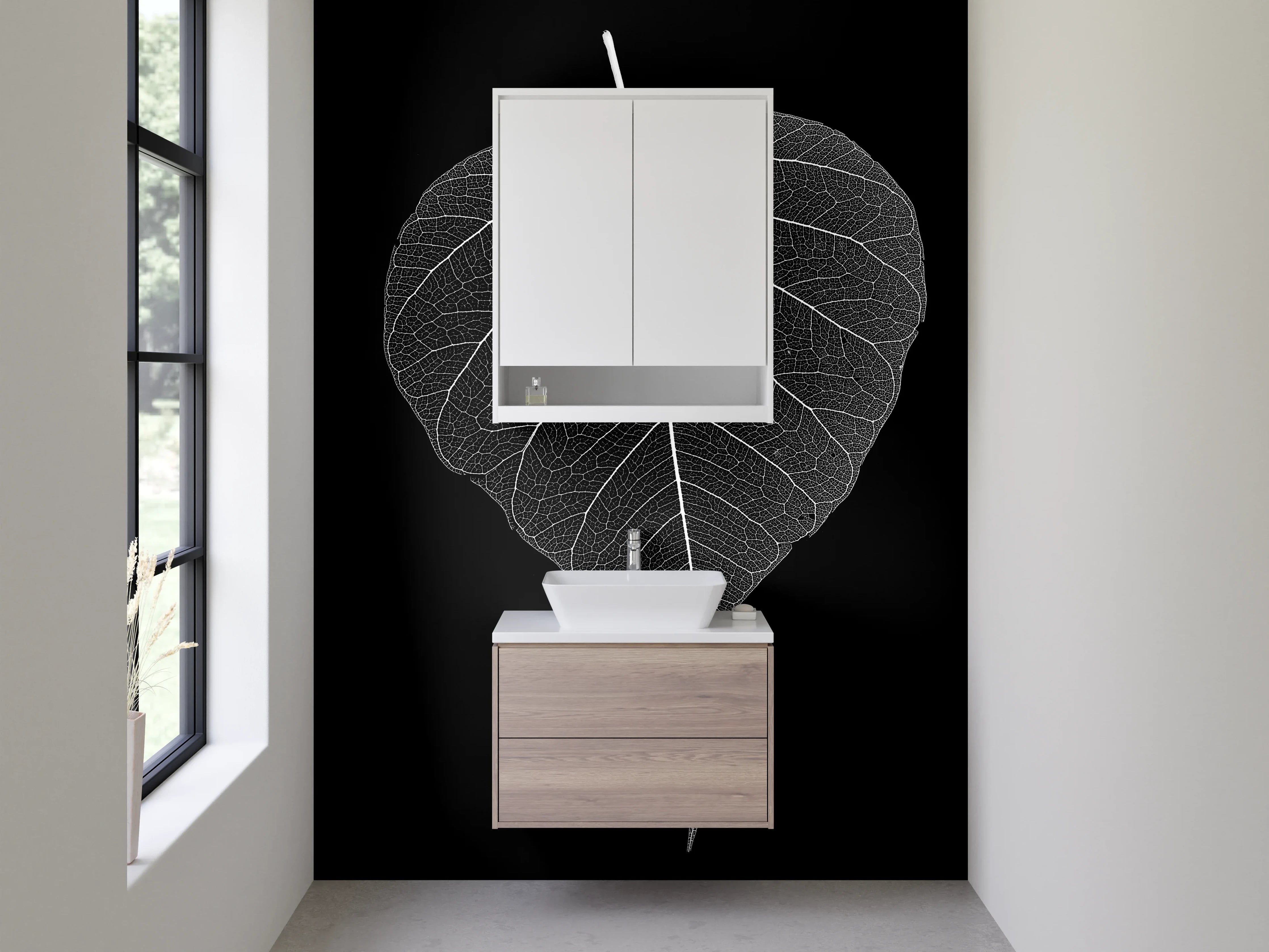 Waschbecken-Rückwand - Schwarz-weiße Blattskelett Kunst