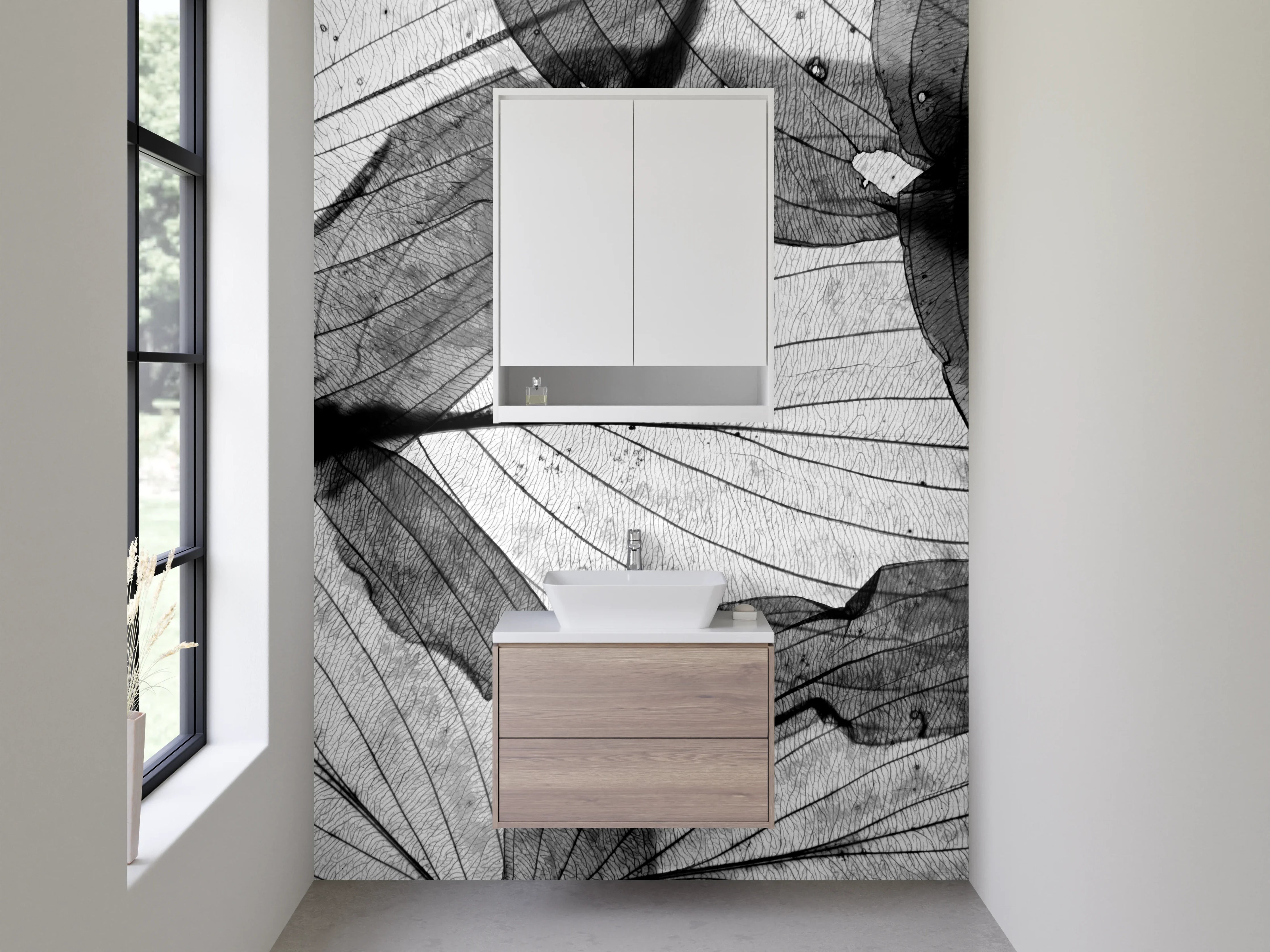 Waschbecken-Rückwand - Schwarz-weiße Blattstrukturen Modern