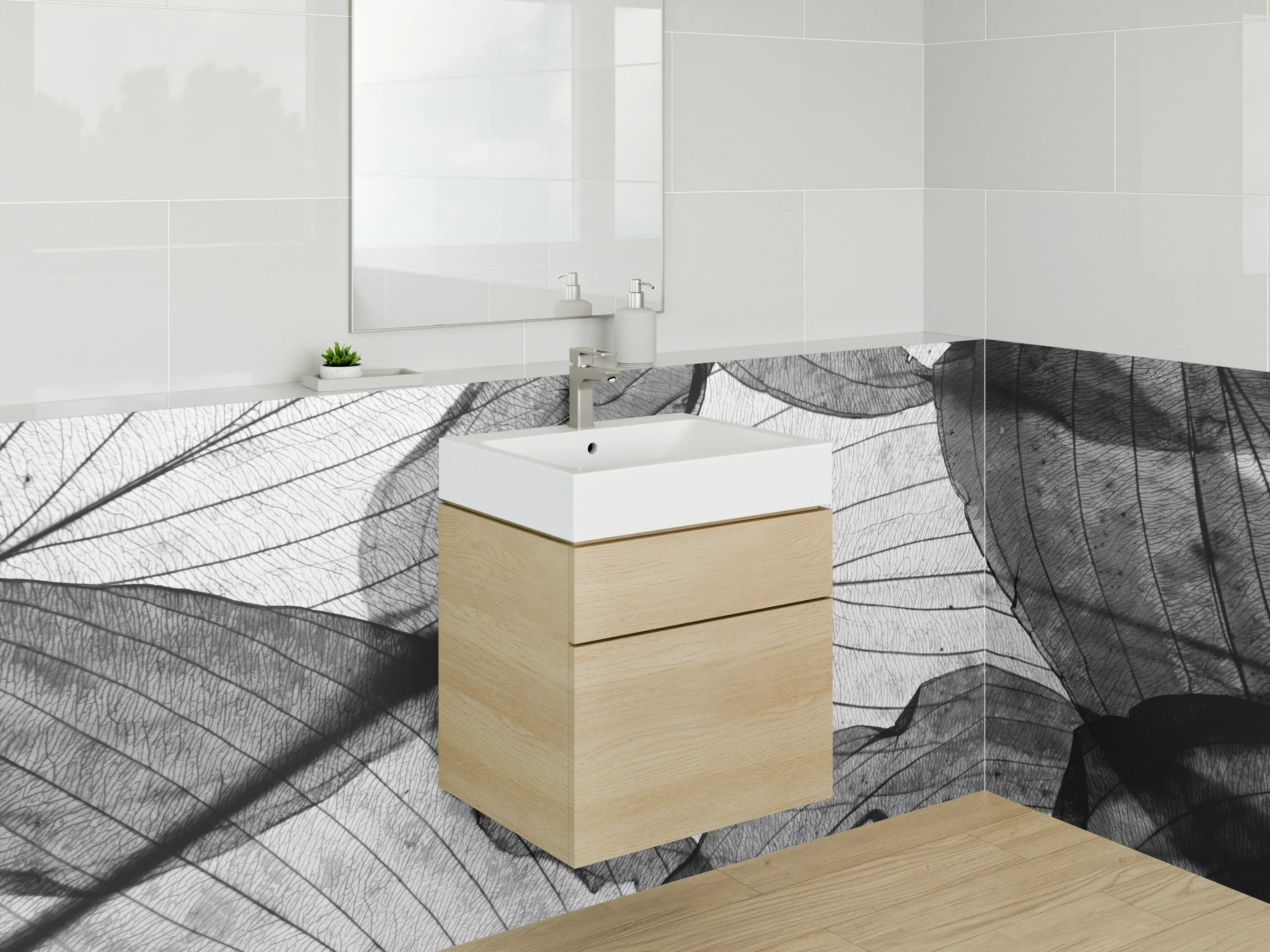 Waschbecken-Rückwand - Schwarz-weiße Blattstrukturen Modern
